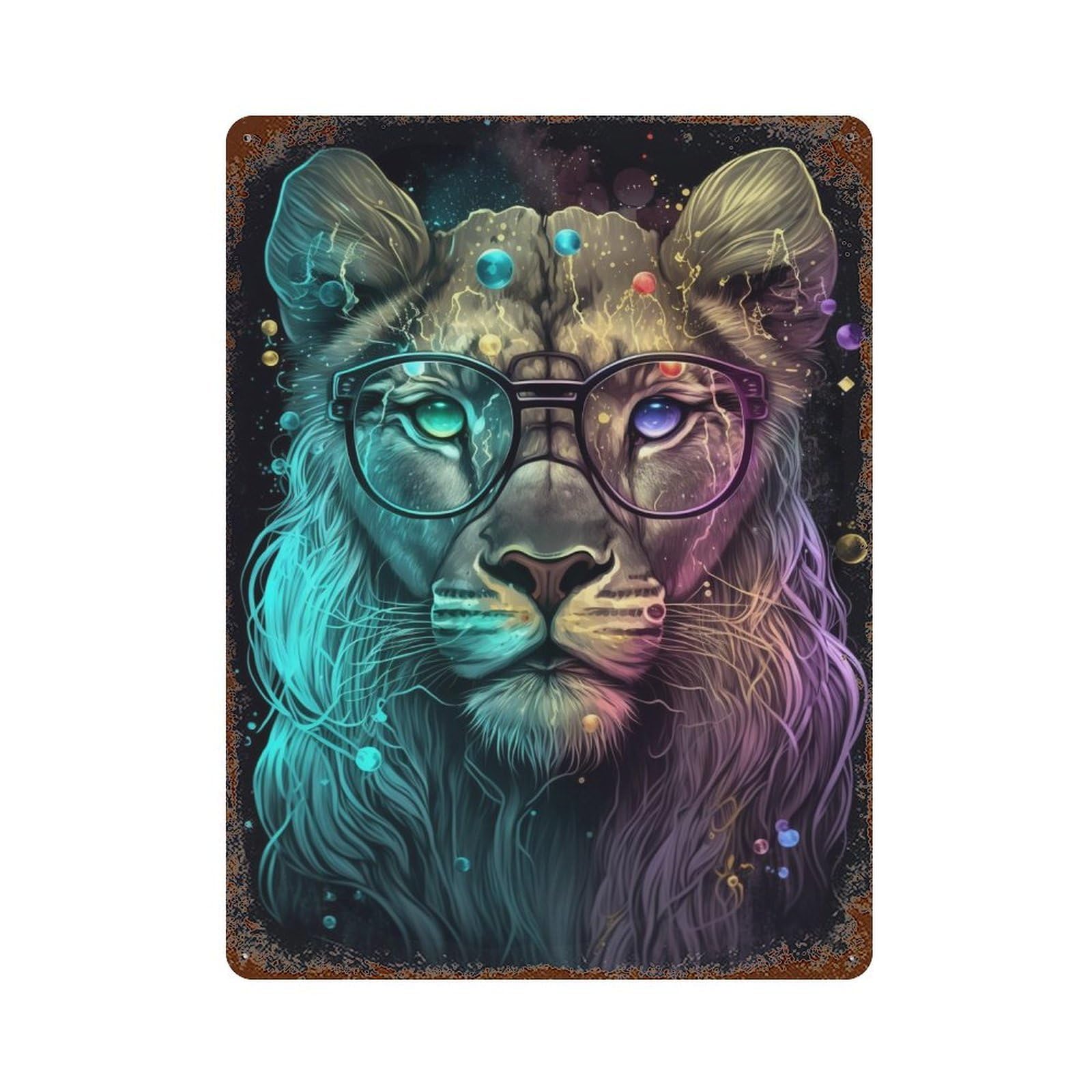 Colorful Lion with Glasses Art Print -2 Aged Metal Wall Plaque 15.7"x11.8", for Office, Studio And Wall Decor, Novelty Wall Decor