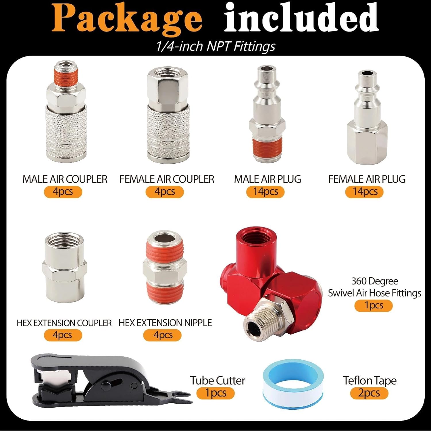 45 Pcs Quick Connect Hose Fittings 1/4" NPT Air Coupler & Plug Kit,360 Degree Swivel Air Hose Fittings,Air Compressor Accessories