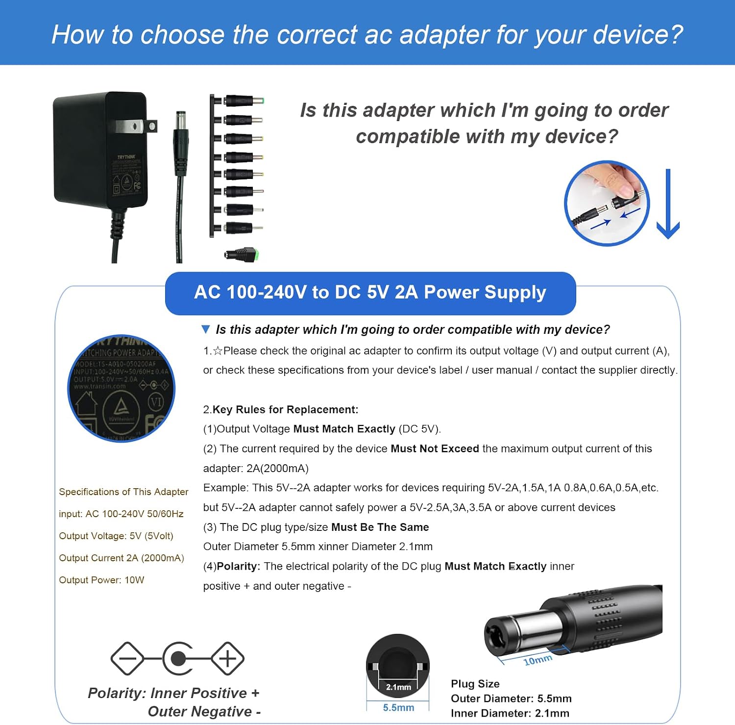 5V 2A Power Supply Adapter 10W AC100-240V to DC 5 Volt 2Amp 1A 1.5A 0.8A 0.5A Replacement Power Cord with 9 Interchangeable DC Plug for Baby Monitor TV Box Tablet Camera Webcam Router,etc (1 Pack)