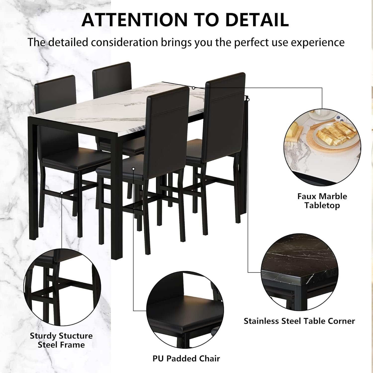 Close-up image highlighting the faux marble tabletop, sturdy steel frame, and PU padded chair of the Hooseng dining set