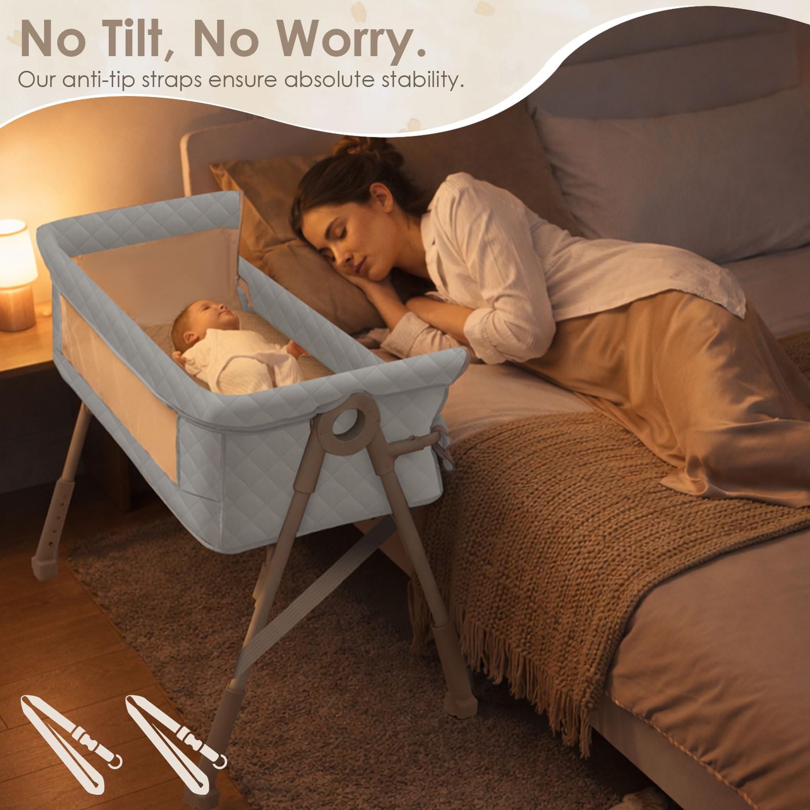 Beistellbett Baby, 3-in-1 Beistellbett, Babybett für Neugeborene mit atmungsaktivem Netz, höhenverstellbar & neigbar, inkl. Matratze, für Zuhause & unterwegs, Hellgrau | 4 Auto-Lock Räder
