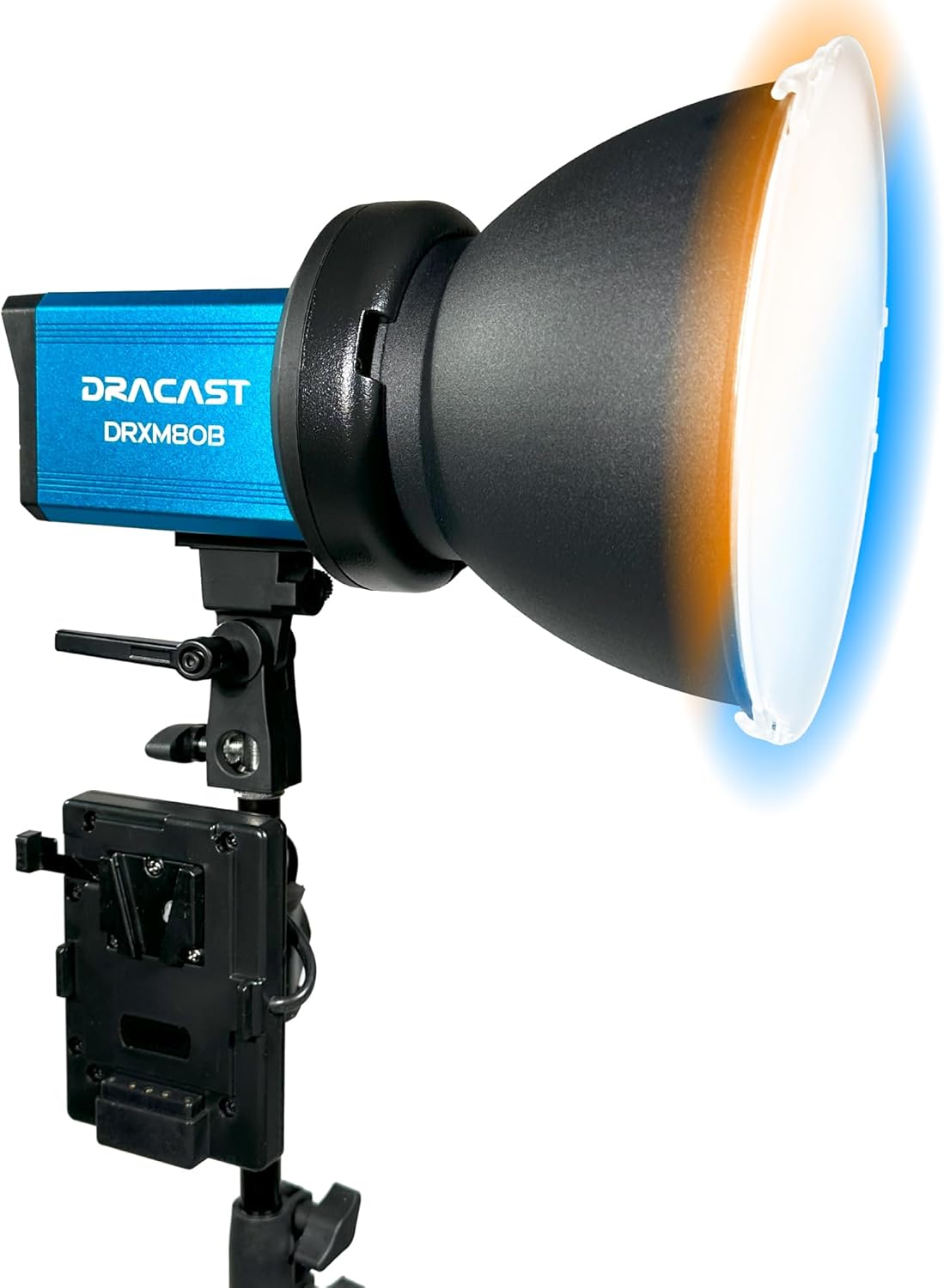 Close-up of a single Dracast X Series M80 Bi-Color LED light with reflector dish and V-mount battery plate attached