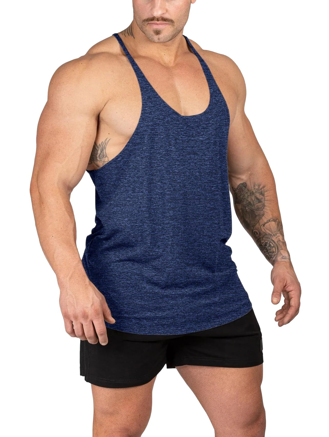 Muhshoiy Mens Stringer Bodybuilding Tank Tops Y Back Gym Workout Training Stretch Polyester Quick Drying Low Cut Muscle Shirt