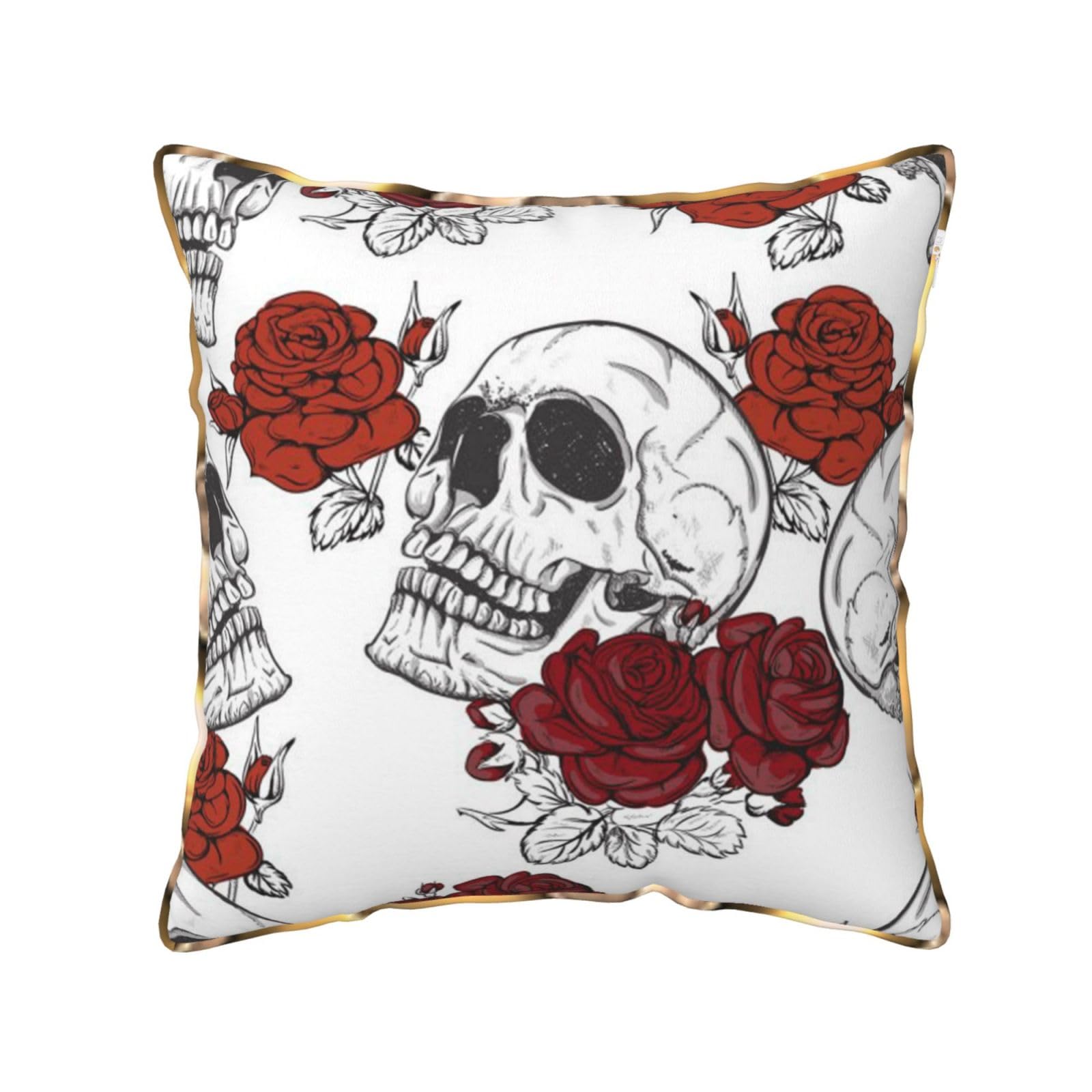 AUBKFELD Floral Skull Printed Velvet Cushion Cover 45x45 CM with Gold Edging Strip, Square Pillowcase Soft Throw Pillow Covers Case Decorative for Living Room Sofa Couch Bed Bench
