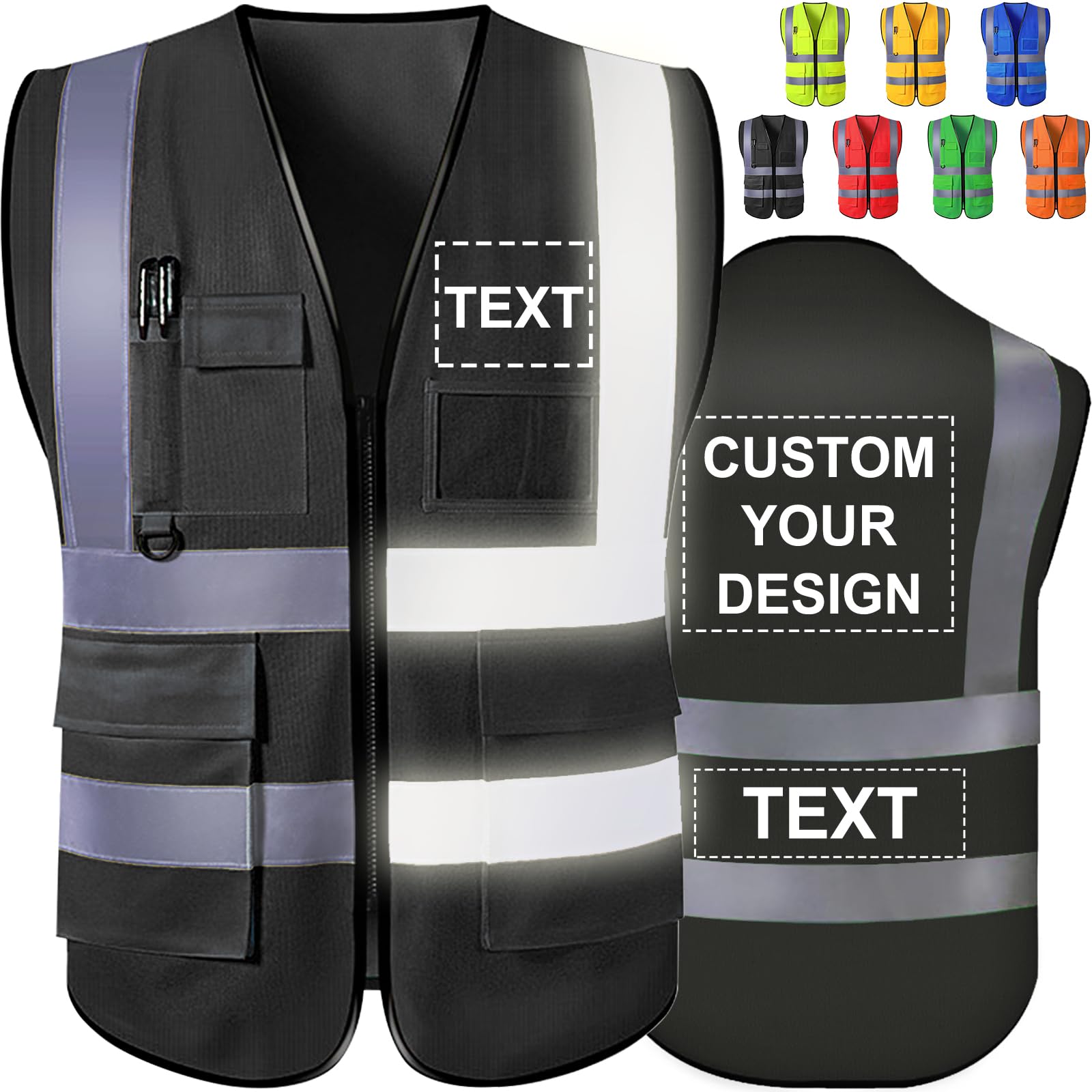 Custom Safety Vest High Visibility Reflective Personalized Vests with Logo Photo Pocket Zipper Customize Class 2 for Men Work