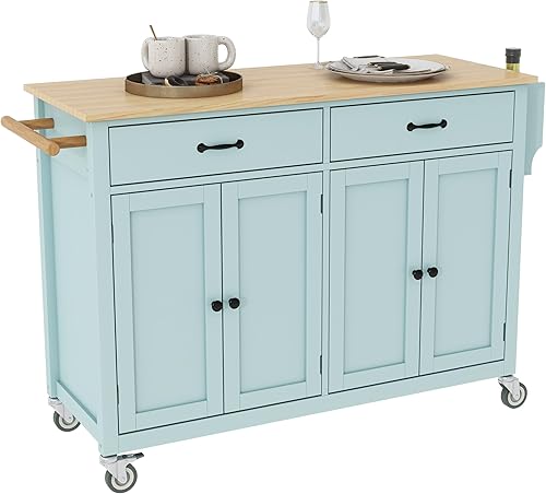 LUMISOL Carrito de isla de cocina con tapa de madera maciza, isla de cocina sobre ruedas, isla de cocina grande con almacenamiento, verde menta