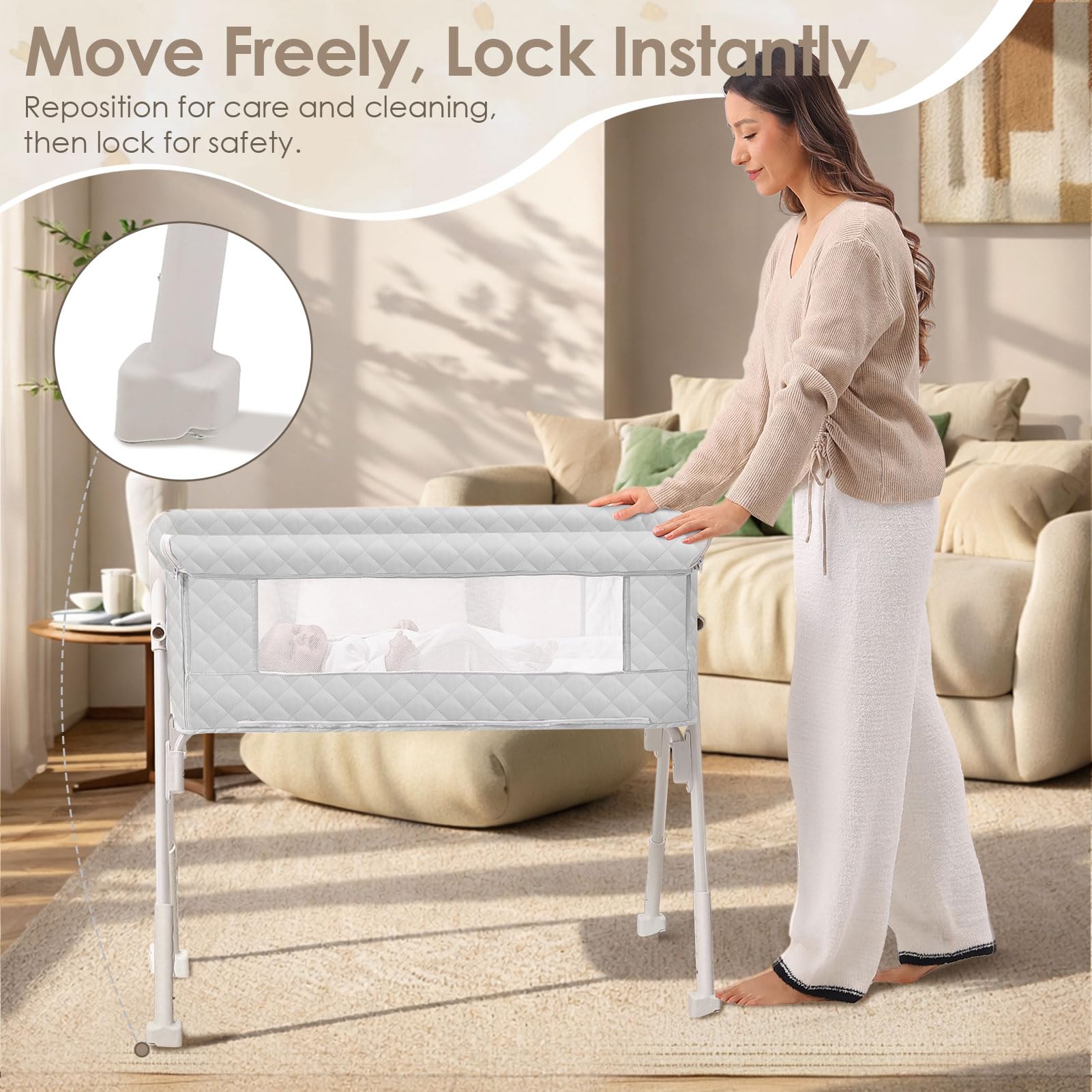 Beistellbett Baby, 3-in-1 Beistellbett, Babybett für Neugeborene mit atmungsaktivem Netz, höhenverstellbar & neigbar, inkl. Matratze, für Zuhause & unterwegs, Hellgrau | 4 Auto-Lock Räder