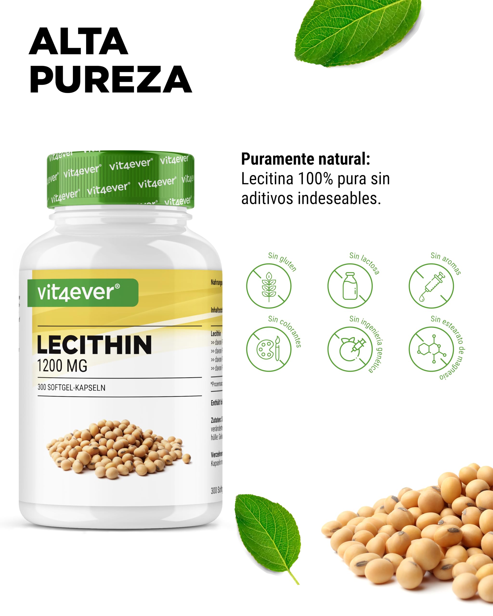 Lecitina 1200 mg - 300 cápsulas blandas - Premium: Con fosfátidos - Lecitina de soja no modificada genéticamente - Alta dosis
