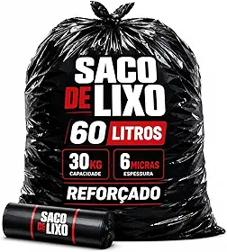 15 Sacos de Lixo Preto 60 Litros 25KG 70x80cm 6 Micras Reforçado, Para Cozinha, Escritório, Restaurante, Quintal e Uso Comercial