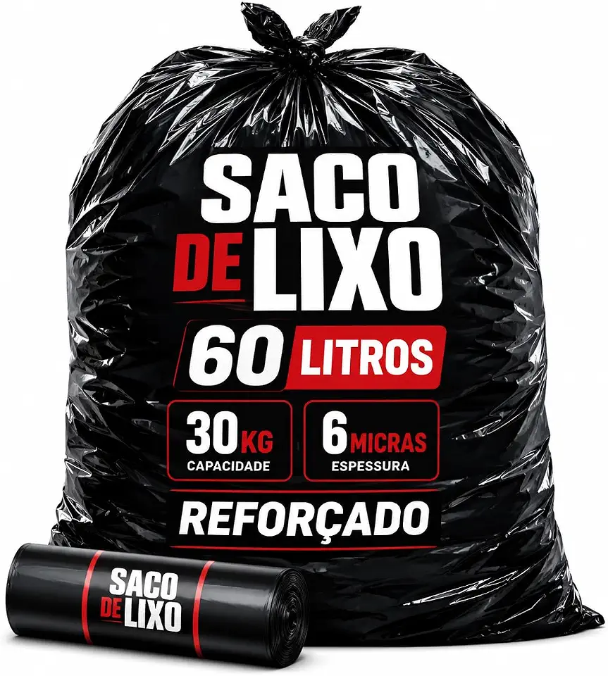 15 Sacos de Lixo Preto 60 Litros 25KG 70x80cm 6 Micras Reforçado, Para Cozinha, Escritório, Restaurante, Quintal e Uso Comercial