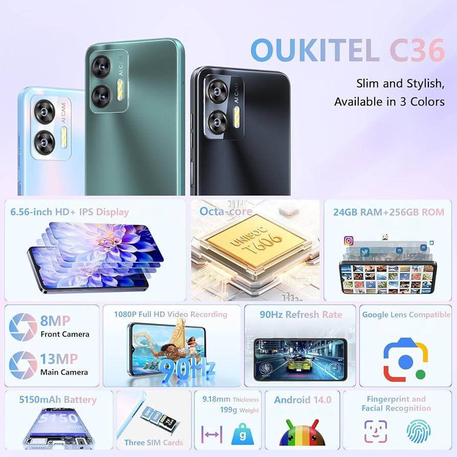 OUKITEL C36 Smartphone, Unlocked Cell Phone Canada, Android