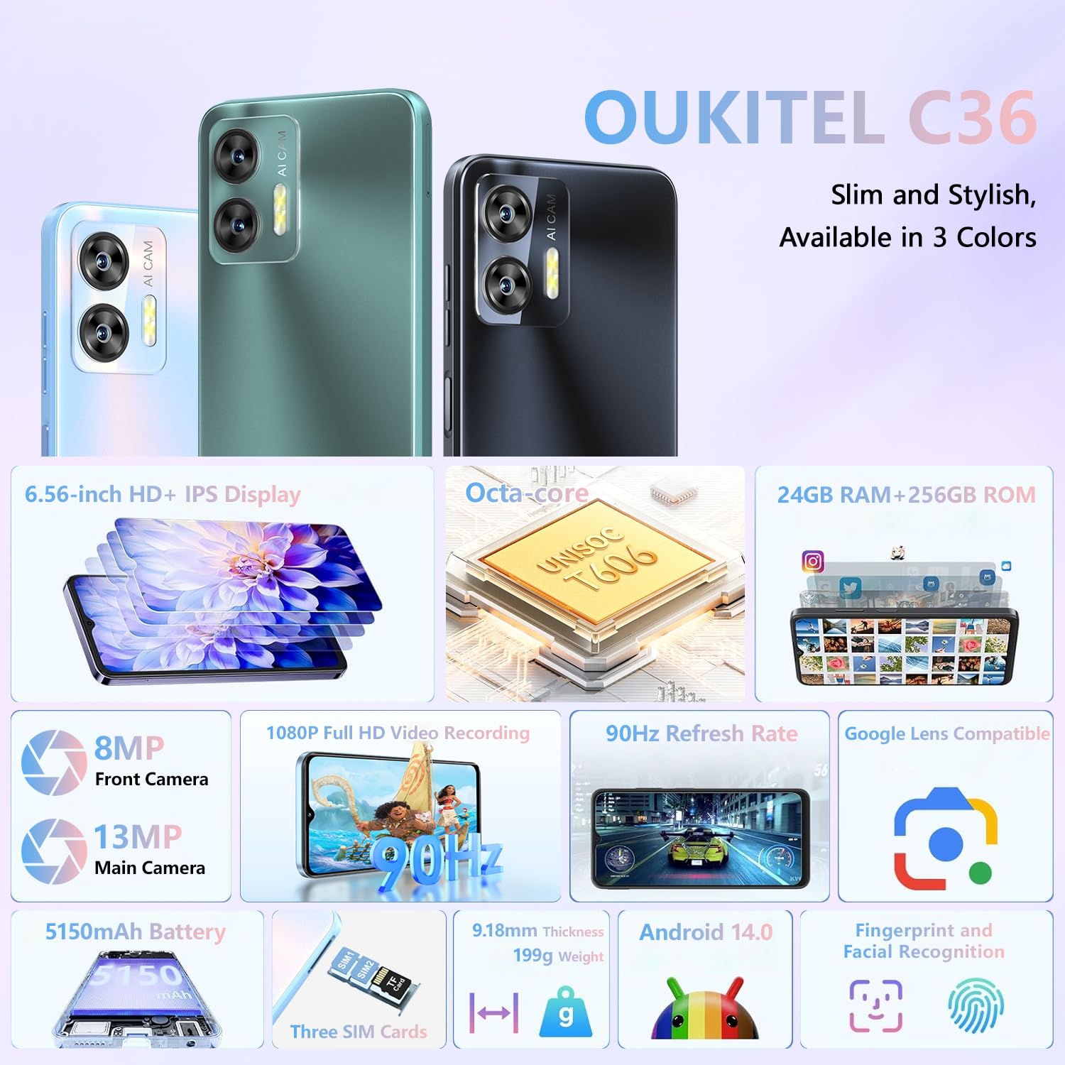 OUKITEL C36 スマートフォン 256GB/1TB Android 14 OUKITEL C36 Smartphone, Unlocked Cell Phone Canada, Android