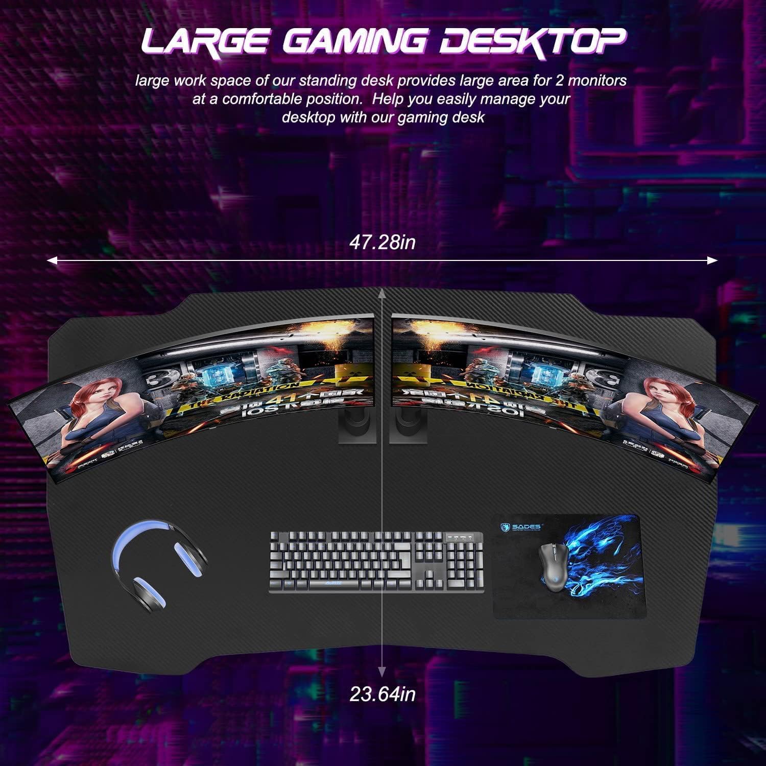 Bigacc 47 Inch Modern Gaming Desk for Home Office, Z Shaped Computer Desk for Teen, Large PC Gaming Table Adjustable Feet with Headphone Hook & PVC Surface