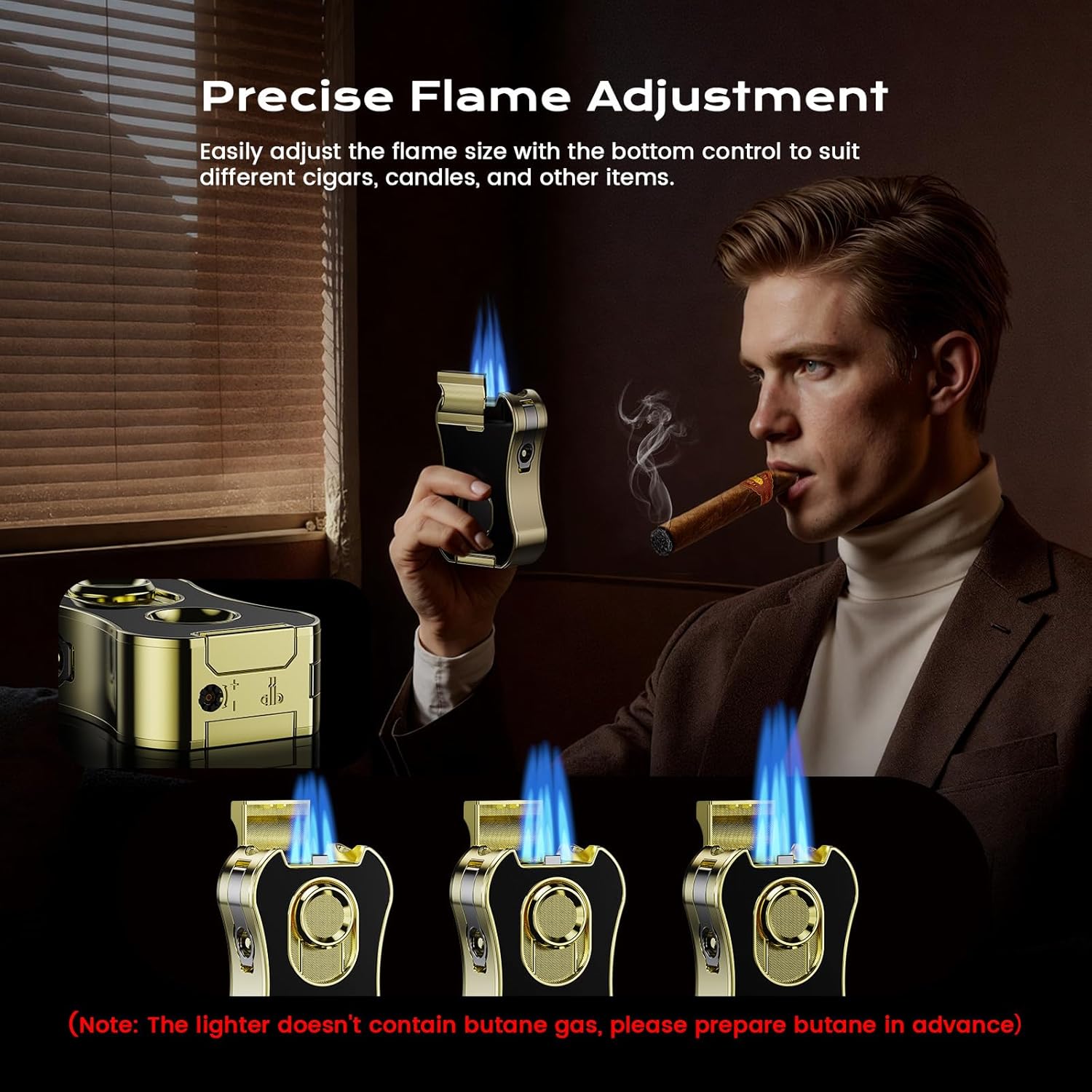 6-in-1 Torch Cigar Lighter with Quad Jet Flame, Built-in V & Straight Cigar Cutter, Holder, Punch, Draw Enhancer, Refillable Butane Cool Lighters with Gift Box, Cigar Accessories for Men, Candle