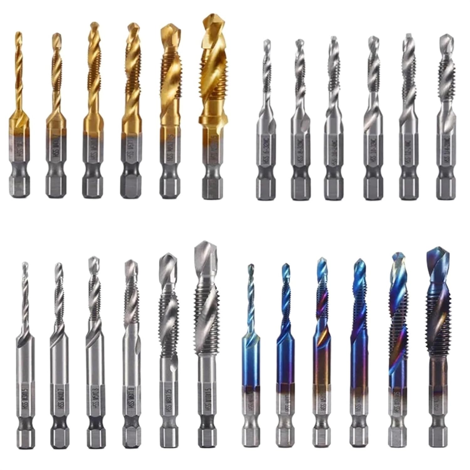 Tap Set, M3-M10 Hex Shank Tap Drill Bits Set Titanium HSS 3-in-1 Pack of 6 Multicolor(6Pcs White Short)