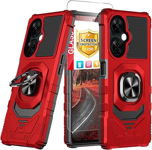 TJS Funda compatible con OnePlus Nord N30 5G, con protector de pantalla de vidrio templado, anillo de metal, soporte magnético resistente contra