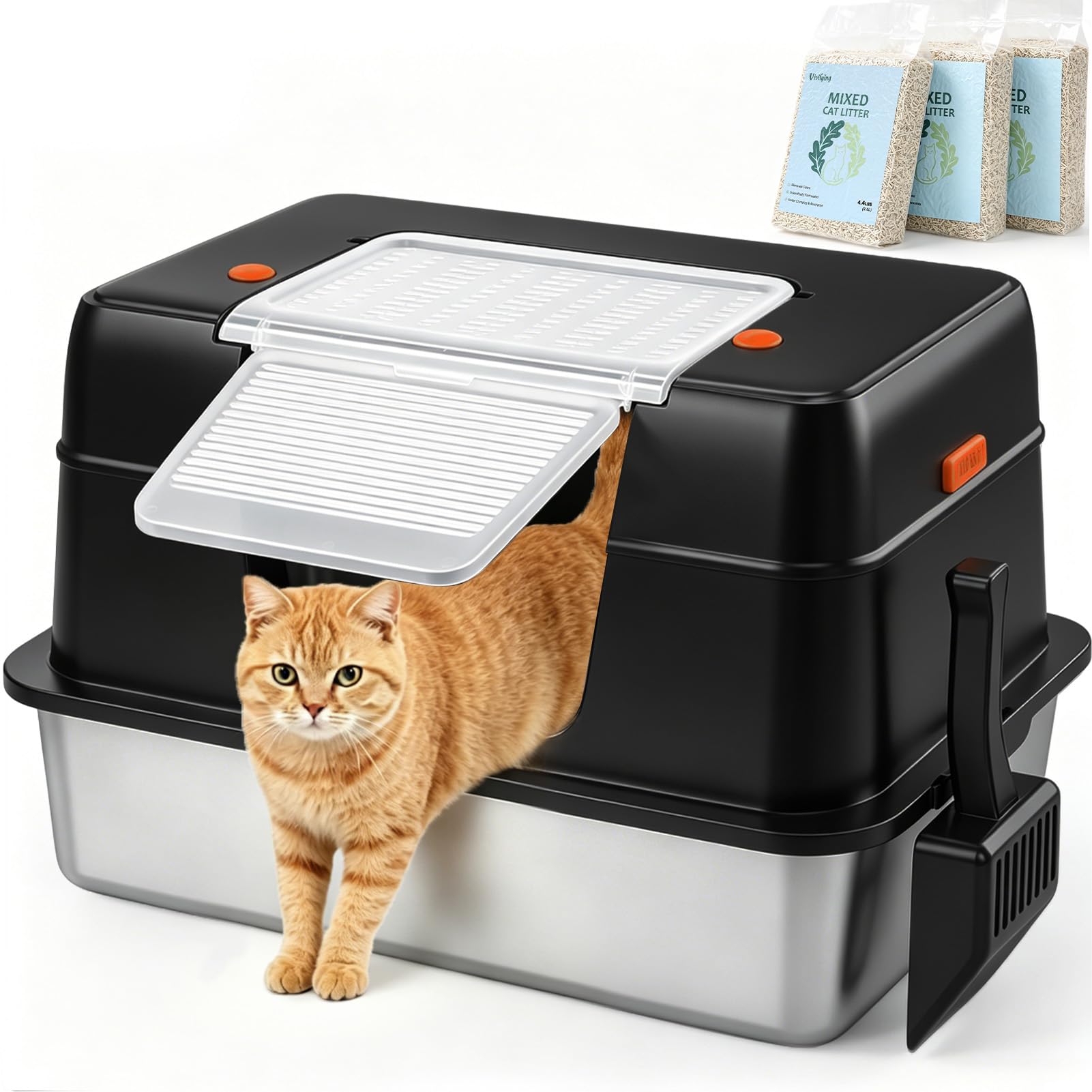 Vivifying Katzenklo Edelstahl mit Deckel XL, Katzentoilette Edelstahl Set mit 3×2kg Katzenstreu, 80% Tofu & 20% Bentonit, Rostfreies Katzenklo mit Schaufel, Geruchsresistent. (Schwarz)
