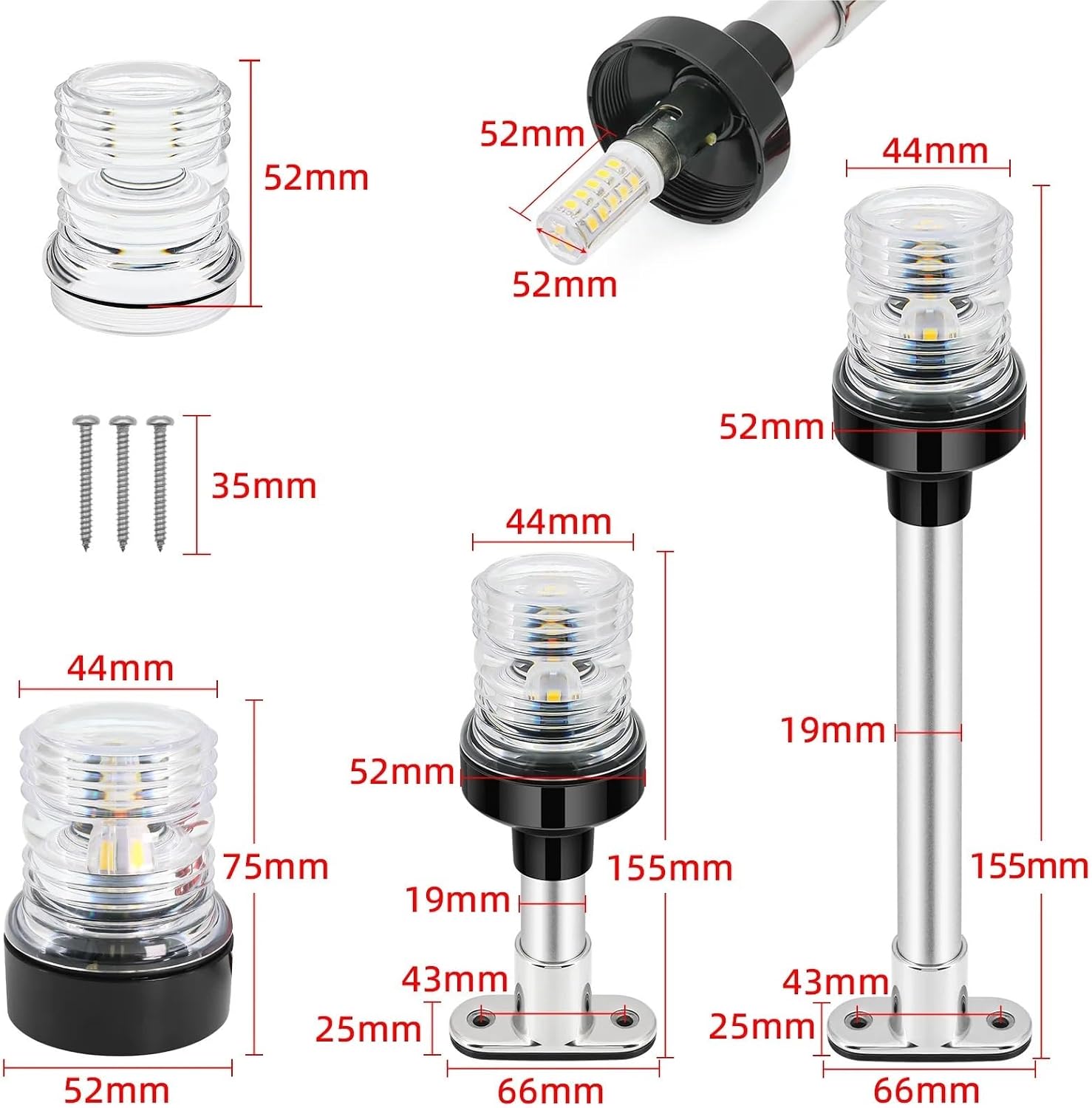 1pcs AD 12V 24V Sailing Signal Light Boat Navigation Light Fold Down 360 Degree LED for Yacht Anchor Light(White)