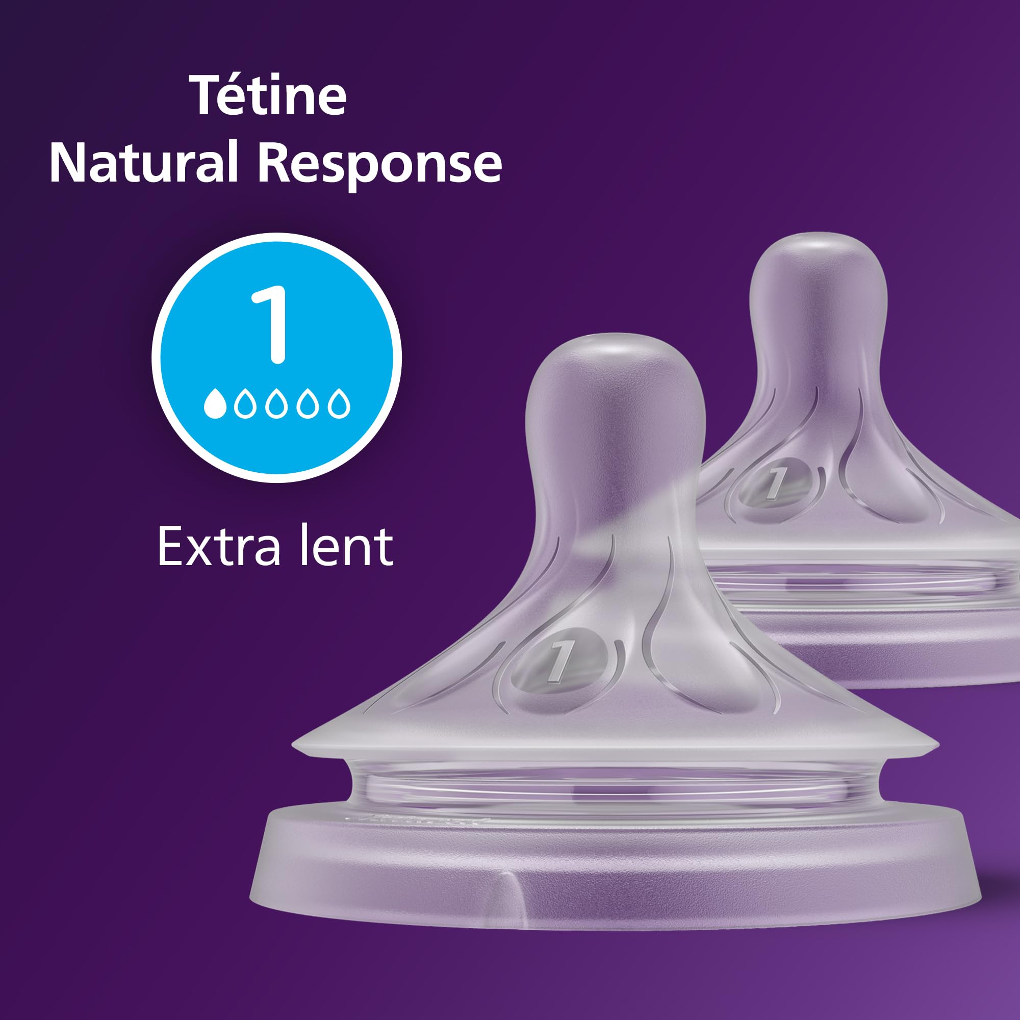 Philips Avent Lot de 2 tétines pour biberon à Réponse Naturelle 0% BPA, Débit 1 pour Nouveau-né de 0 mois (Modèle SCY961/02)