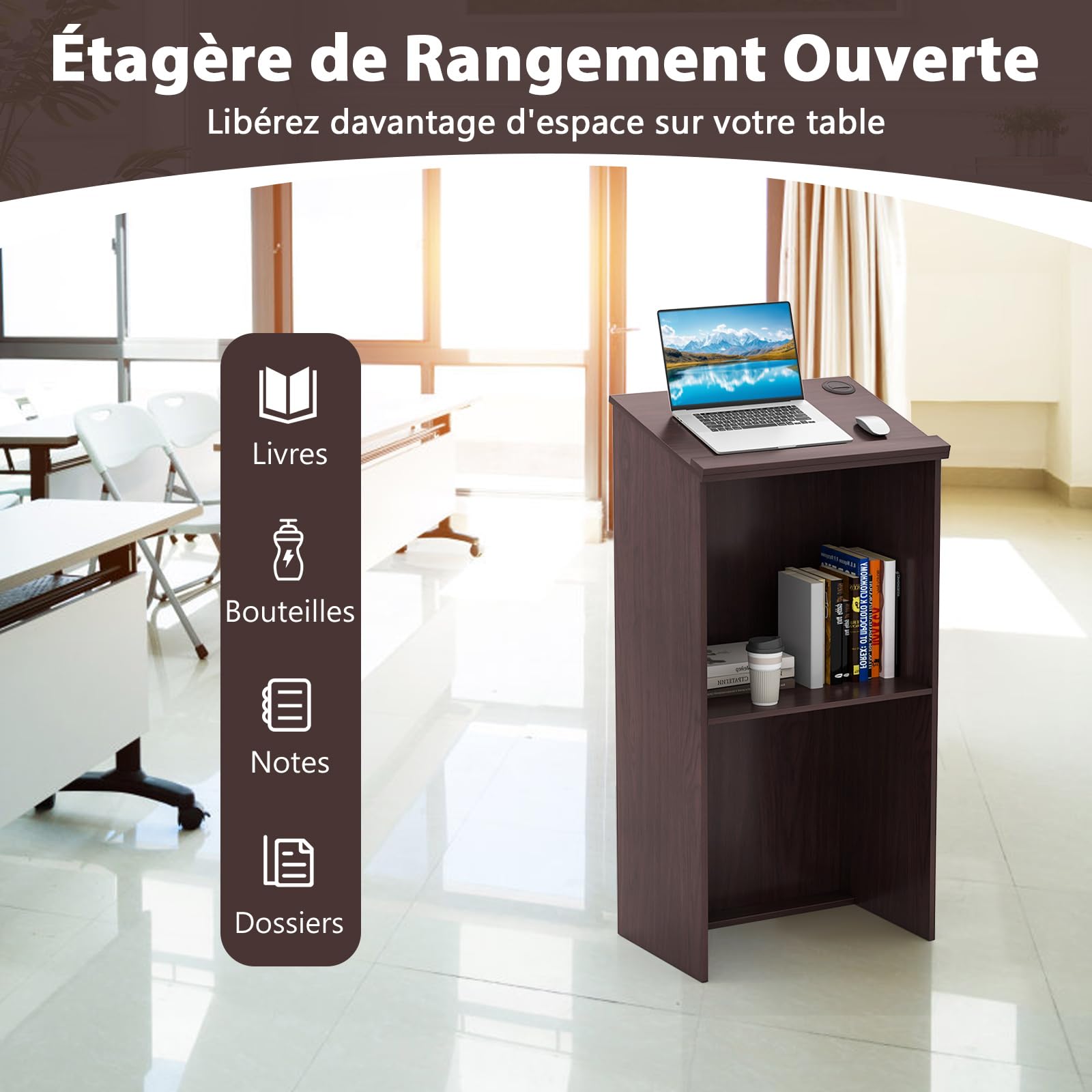 COSTWAY Podium Debout en Bois, Pupitre 117 cm, Surface Inclinée avec Rebord, Lutrin avec Étagère de Rangement et Trous pour Câbles, pour Église, Bureau, École, Séminaire (Brun)