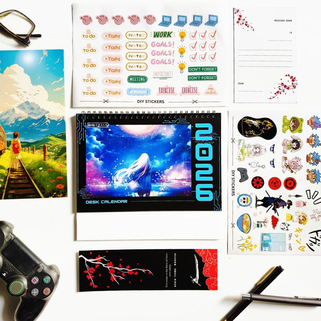 Anime 2025 Flip Table Calendar Box Set [Lightmode Version] | 3 Sticker Sheets | Bookmark | Message Card | Monthly Grid View | Notes Section | Anime Merch | Flip Desktop Calendar