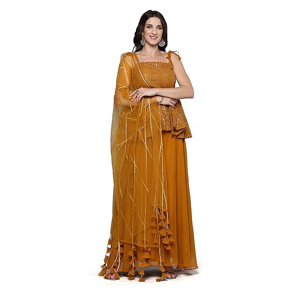 Fusion Wear Dress For Women - Georgette Sequence with Embroidered Pleated Kurta Palazzo Set with Dupatta For Ethnic Wear For Women And Girls