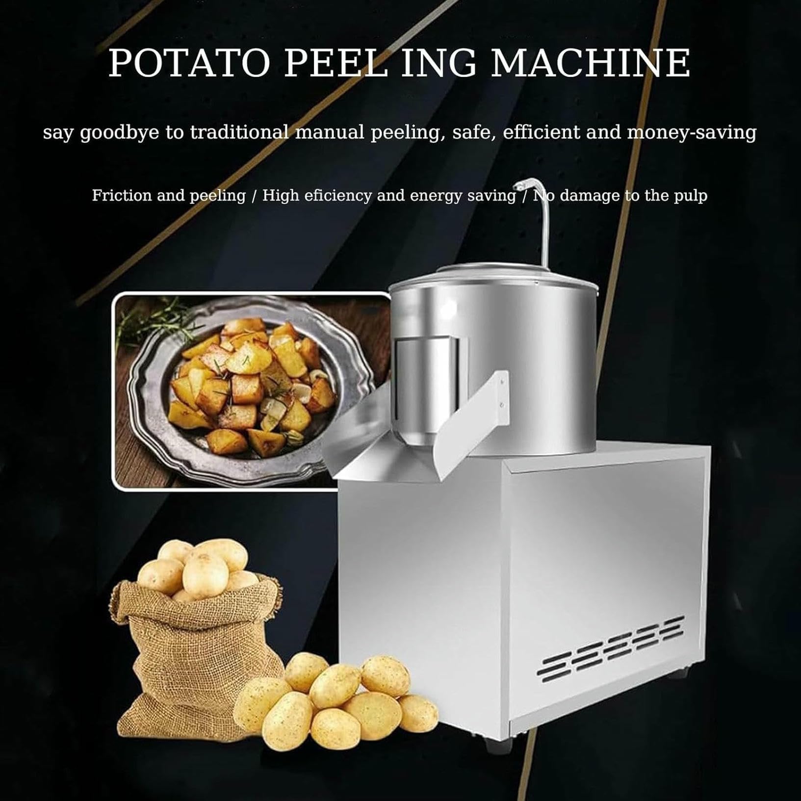 Peladora de Patatas de 1100 W - Peladora eléctrica Profesional para Patatas, boniatos, Taro y Jengibre - Acero Inoxidable