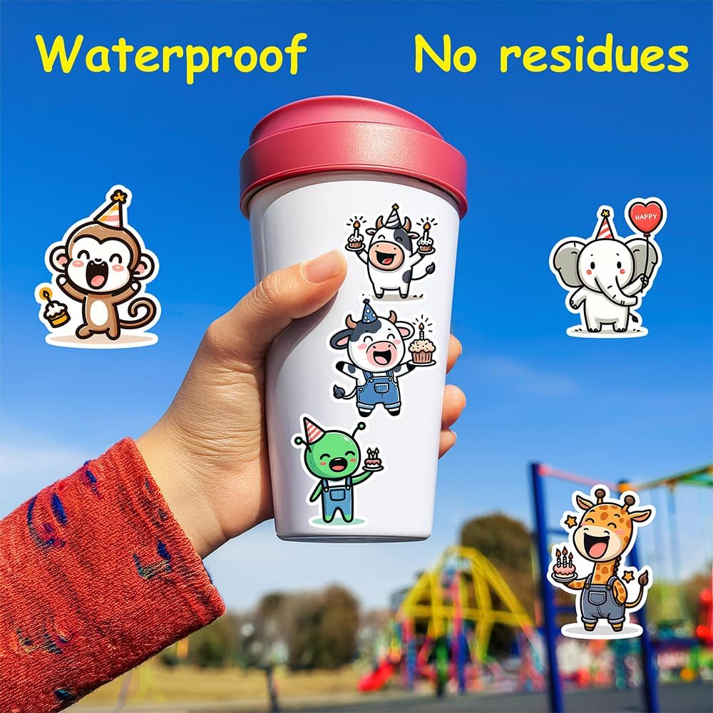 SAI 52 Pcs Birthday Animal Character Stickers, Premium Design for Waterproof Vinyl Decals for Water Bottle, Laptop, Phone, Skateboard, Diary for Kids, Teens, Boys and Girls, Adults