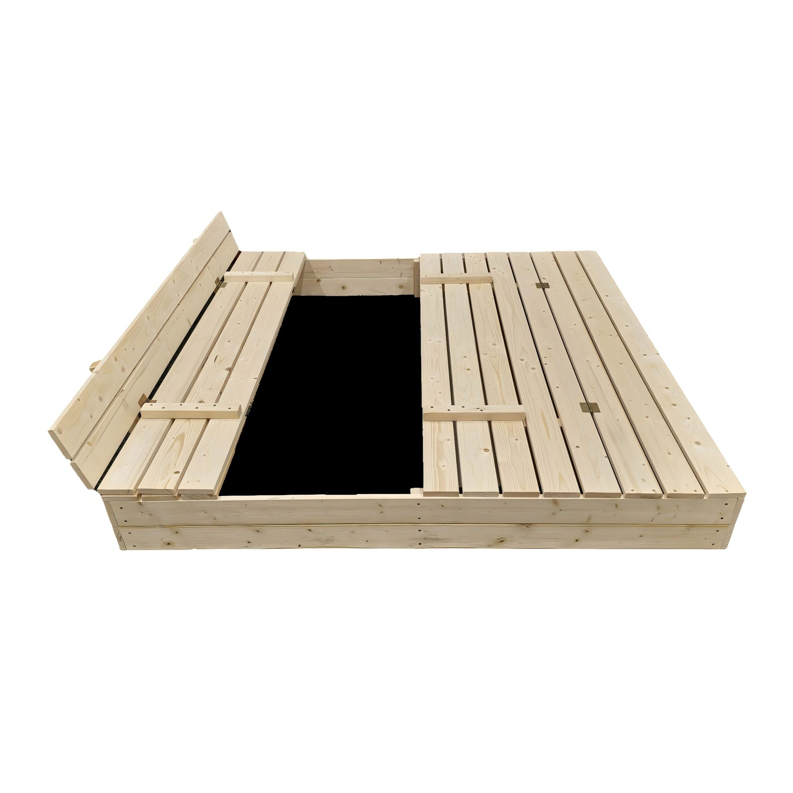 Holzsandkasten 160x160cm, Funktionale Konstruktion mit klappbarem Deckel und Sitzbänken, FSC-Zertifiziert, aus Nadelholz, inkl. Geotextil-Unterlage, für Garten und Außenbereich