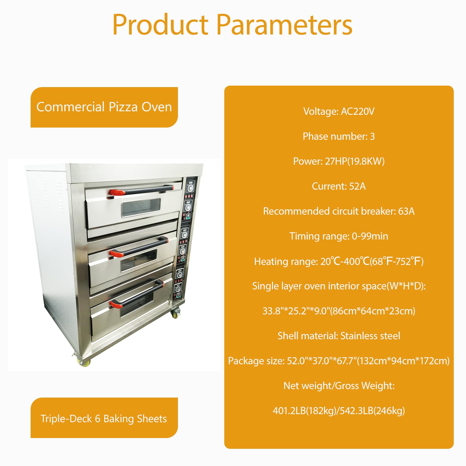 BEILOCKERY 220V Commercial Pizza Oven 19.8KW 3PH Stainless Steel Triple-Deck 6 Baking Sheets Countertop Electric Movable Pizza Oven with Universal Wheels for Commercial Use