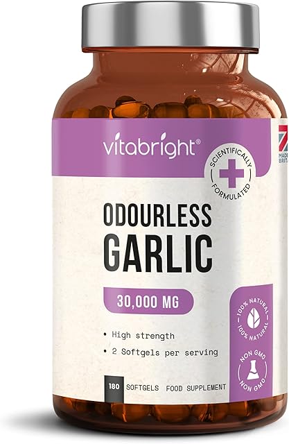 Odourless Garlic Capsules - High Strength 30,000mg - 180 Deodourised Garlic Oil Softgels  High in Allicin Garlic Supplement - 100% Natural Cold Pressed Garlic Tablets  Immune Support - Made in UK