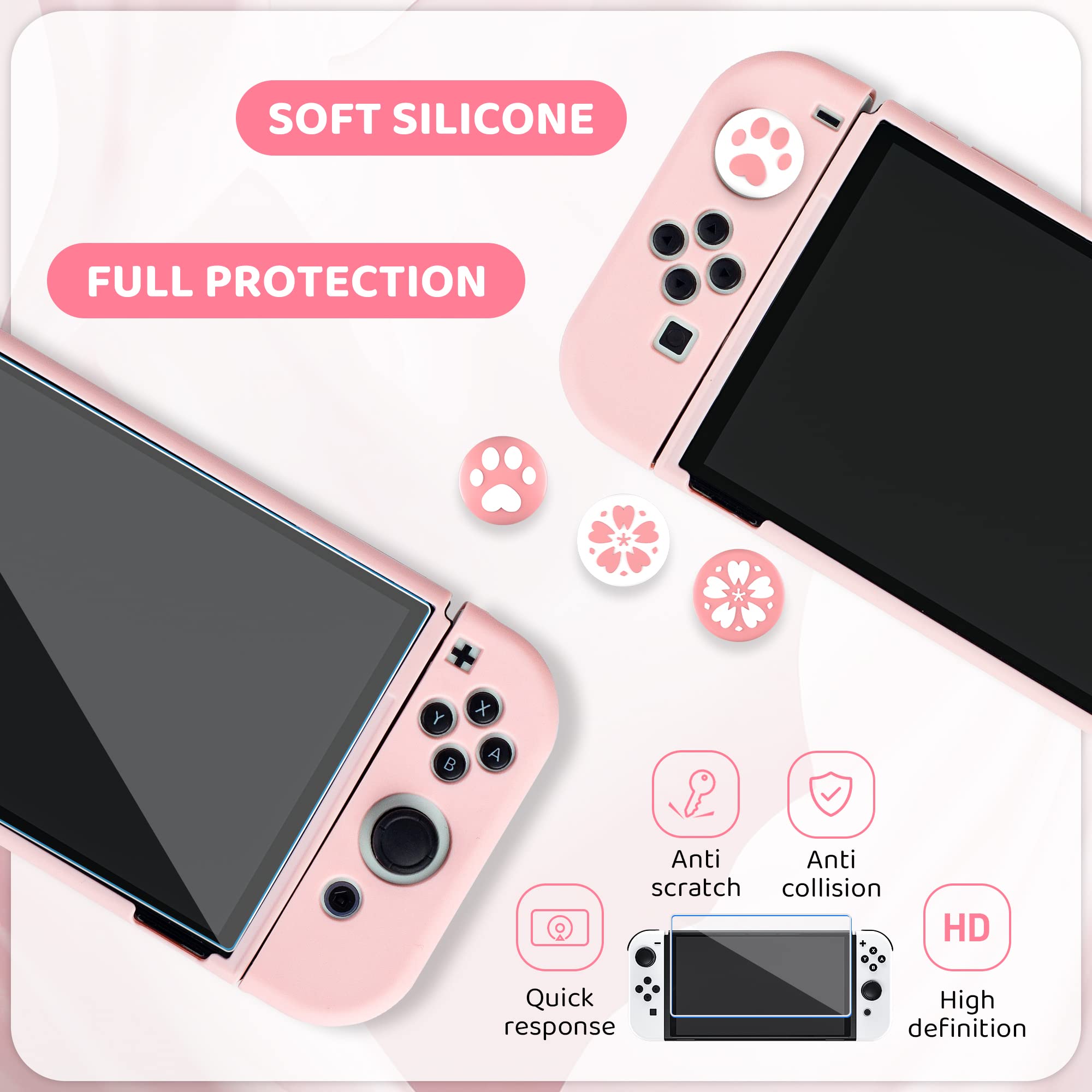 RHOTALL Custodia per Nintendo Switch OLED, custodia per Switch OLED con cover morbida, pellicola proteggi schermo, 4 tappi per pollice, cinturino da polso e tracolla, rosa
