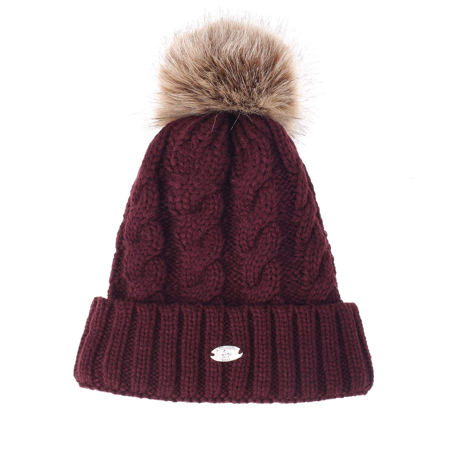 Anjuhopa Girls Burgundy Fluffy Bobble Hat Knit Beanie Faux Fur Pom Pom Women Soft Fleece Lined