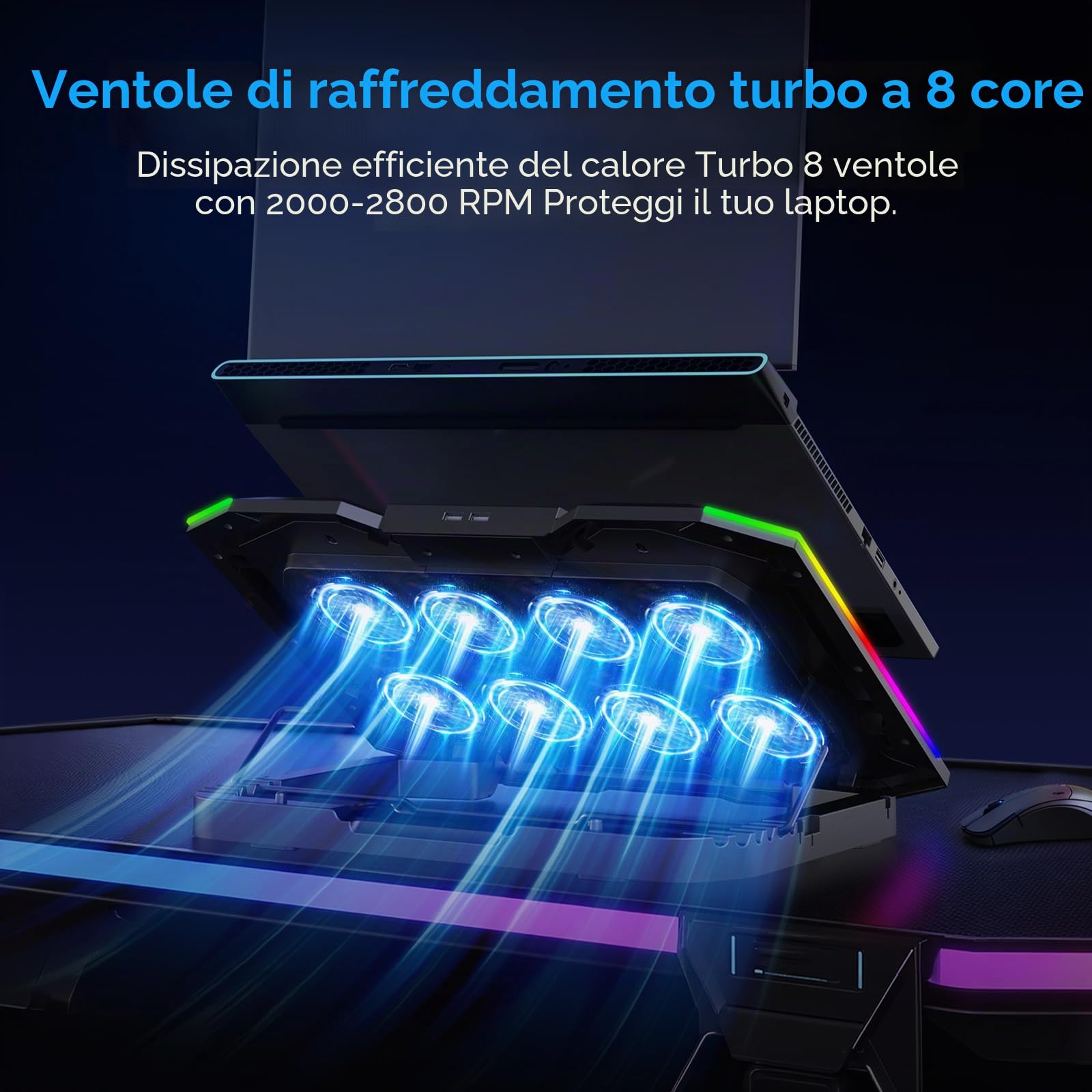 ICE COOREL Tappetino di raffreddamento per laptop da gioco con 8 ventole di raffreddamento, pad di raffreddamento RGB per laptop da 15-17,3 pollici, supporto per laptop con 6 altezze regolabili, pad