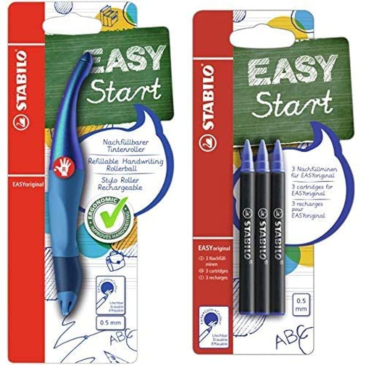 Handwriting Pen - EASYoriginal Holograph Right handed blue, blue ink + STABILO EASYoriginal refills blue 6pc