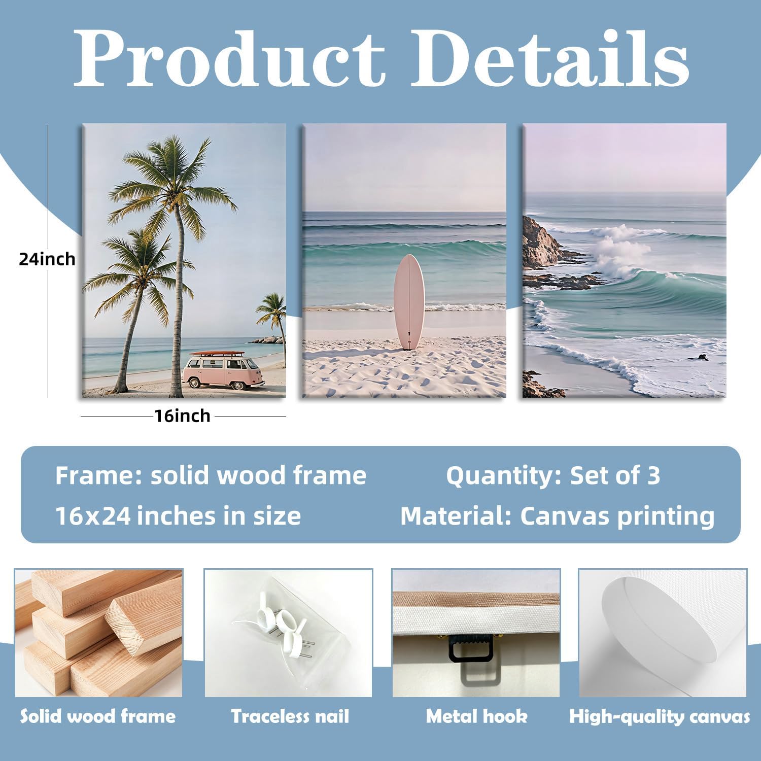 HCJWCXD 3 Pcs Coastal Beach Canvas Wall Art Boho Beach Scene 16x24 Inch image 5