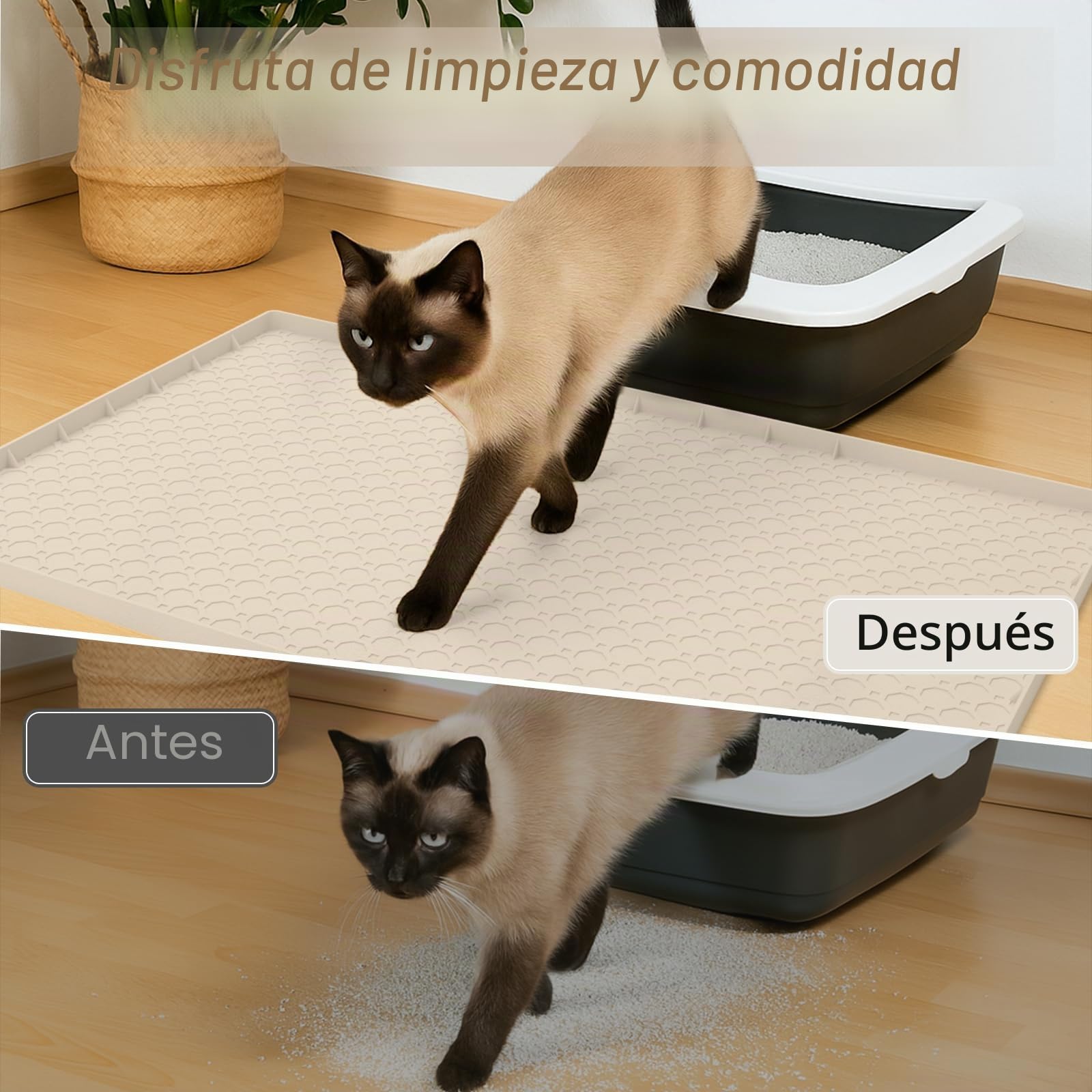 Alfombra Arenero Gato Silicona Impermeable Bordes Elevados 86x56cm, Alfombra Gatos Arenero Grande Antideslizante, y Alfombrilla Arenero Gato Diseño Panal Fácil Limpiar, Beige