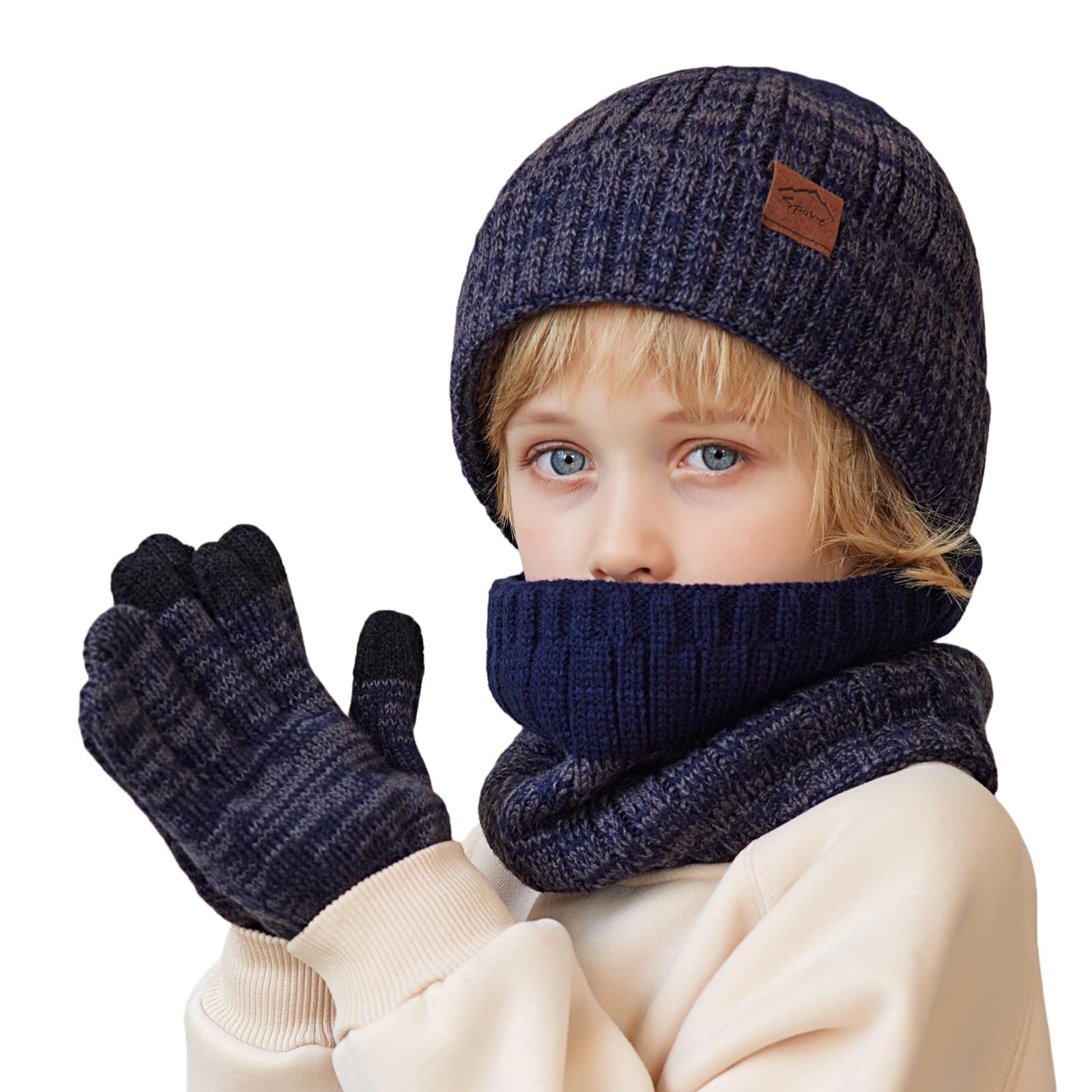 MAZELIKEHOOD Cappello Sciarpa Guanti per Bambino Set 3 Pezzi Invernale per Ragazzi Ragazza Caldo Cappuccio con Paraorecchie Sciarpa e Guanti per Neve Regalo di Natale per Bambini 4-10 Anni