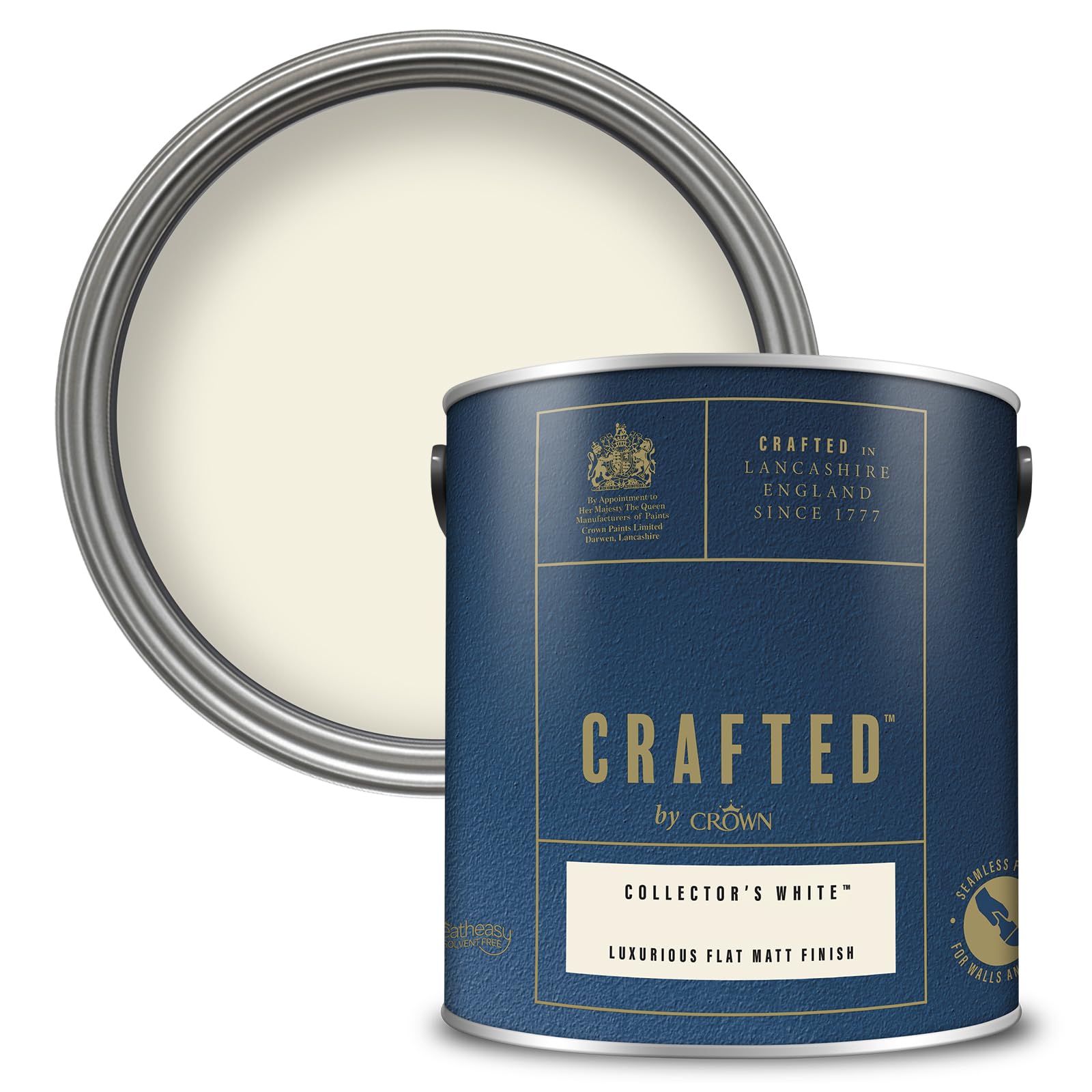 Crown Paint CRAFTED Collector's White Velvety Flat Matt Emulsion Paint - Warm Off White Finish - Use on Walls, Ceilings and Wood - Luxurious, Thick and Creamy, Low Odour - 2.5L