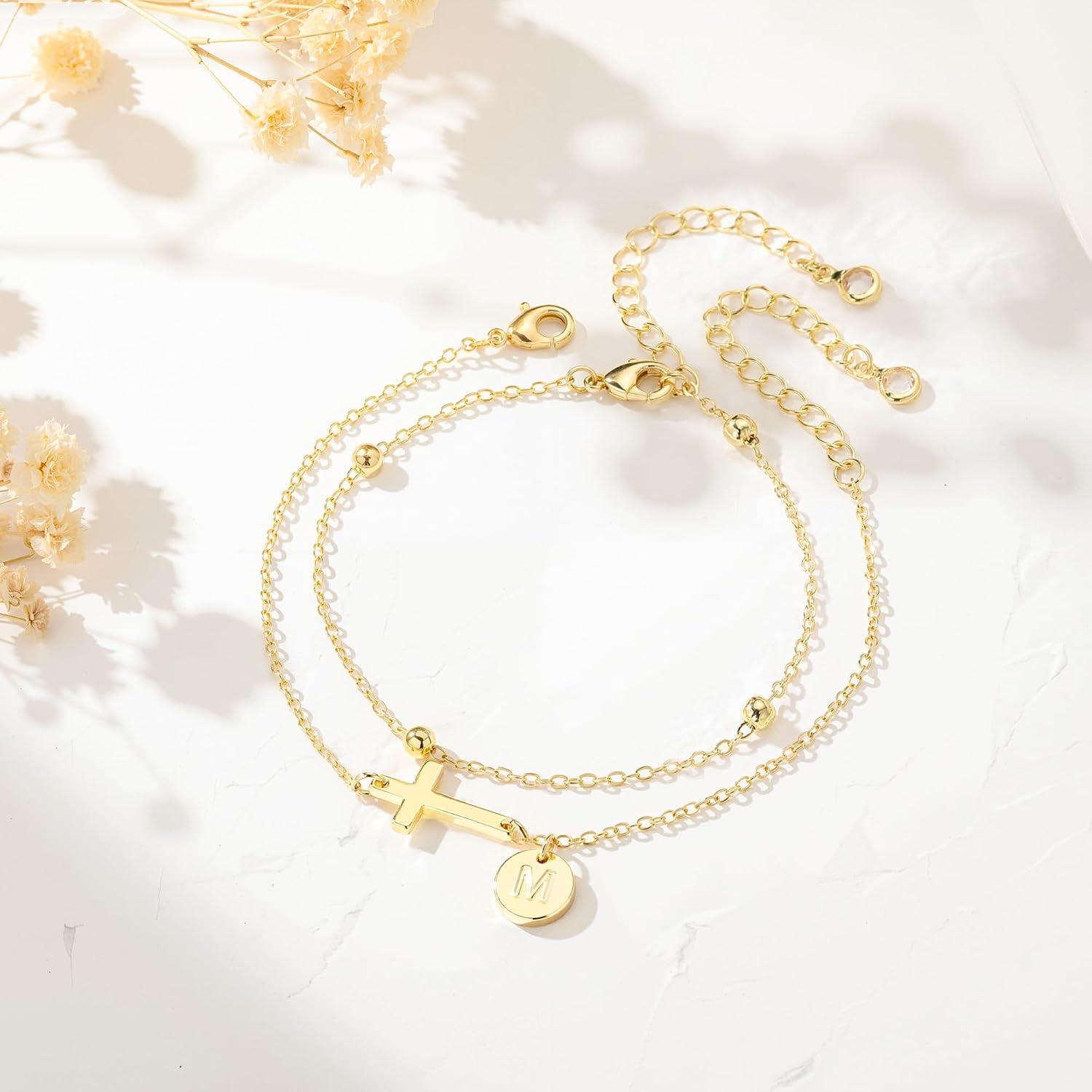 Yoosteel Initial Cross Bracelet for Women Teen Girls - 14K Gold-Plated Layered Disc Letter Cross Bracelet Jewelry Christian Baptism Gifts for Women Confirmation Gifts for Teen Girls Kids