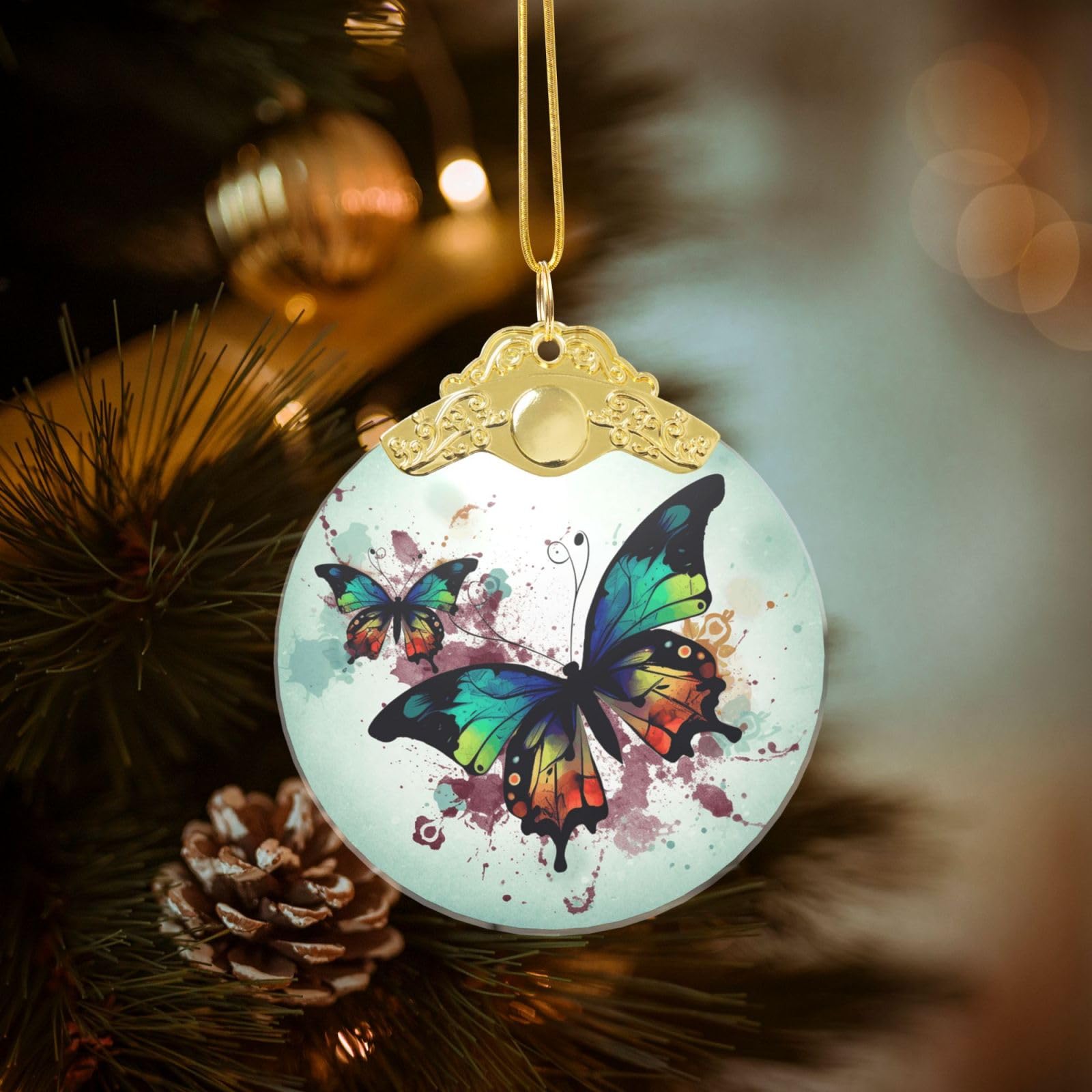 Crystal Christmas Ornaments for Christmas Tree Decoration Hanging Artistic Butterfly Ornament with Gold Ribbon Crafts Round Pendant for Keepsake Gifts Glass Xmas Decor Party Supplies