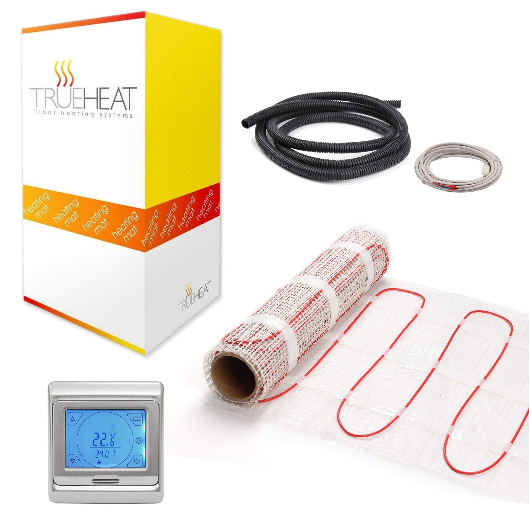 Trueheat Silver Touchscreen Electric Underfloor Heating Mat Kit For Tile Or Stone Floors 200W/M2-18M2 With Programmable Thermostat