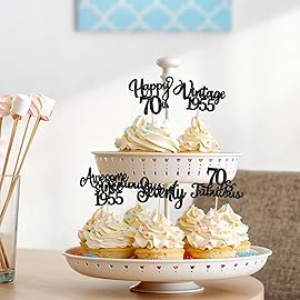 30Pcs Happy 70th Birthday Cupcake Toppers Glitter Seventy Vintage 1955 Cupcake Picks Cheers to 70 Fabulous Cake Decorations for 70th Birthday Wedding Anniversary Party Supplies Black
