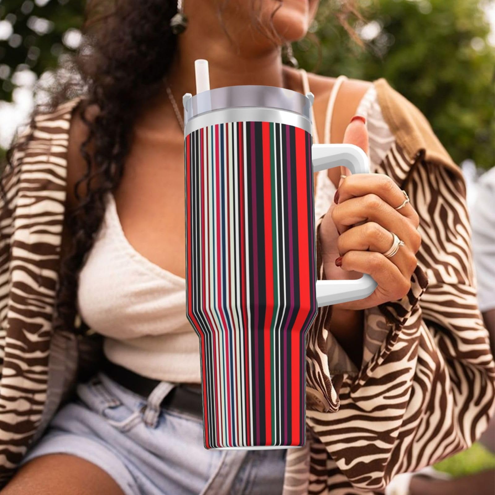 Colored Stripes Wasserflasche mit Henkel und Strohhalm-Deckel, Edelstahl, doppelwandig, isoliert, 1,2 l