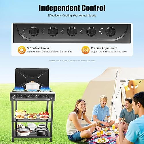 Miniatura 8 de Estufa de gas de 5 quemadores portátil de gas natural para acampar, estufa de pie con soporte de almacenamiento y cubierta de bloqueo de viento,