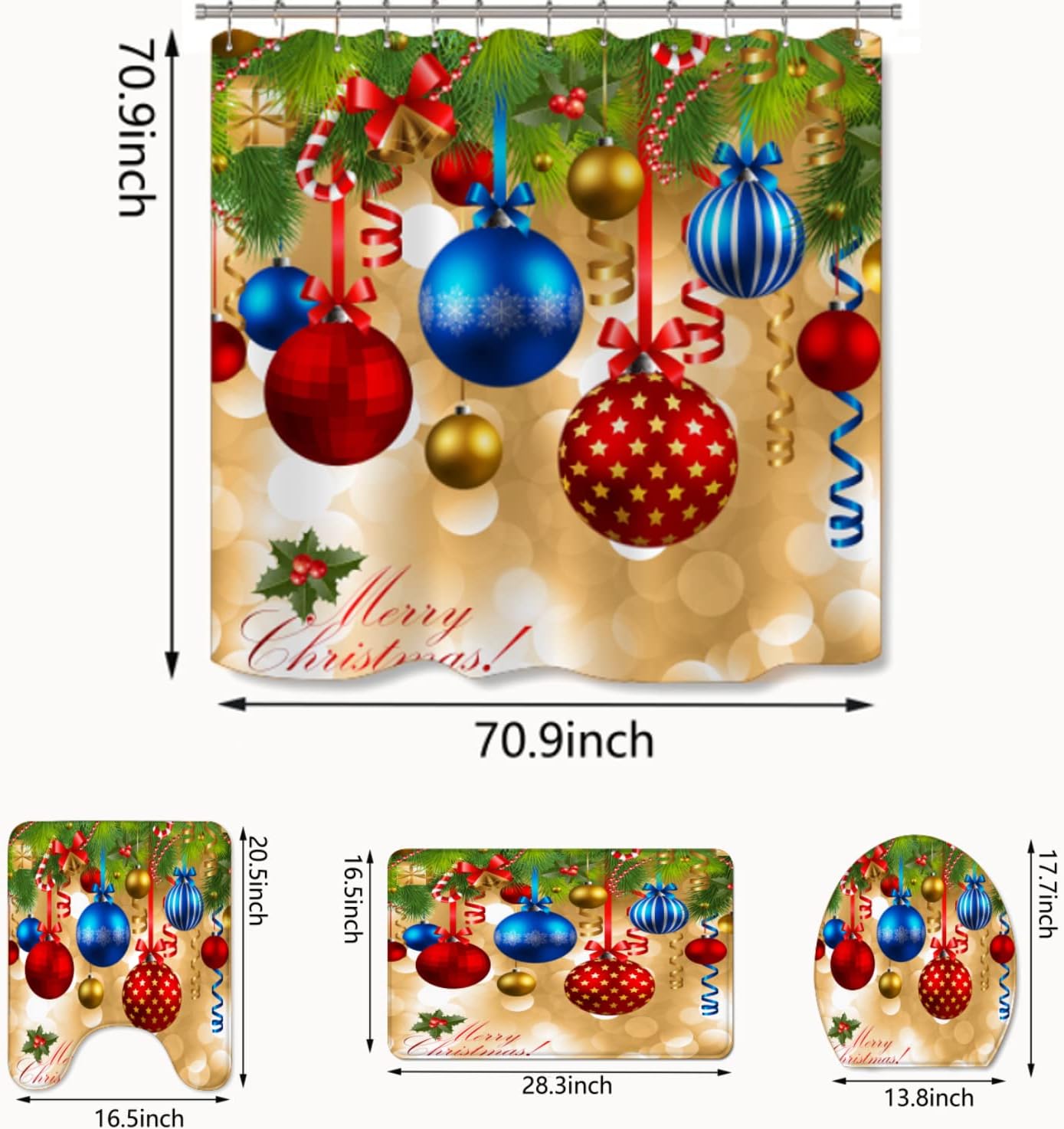 4 Piece Christmas Candy Shower Curtain Set, Includes Extra Large Floor Mats, U-Shaped Mat, Toilet Seat Cover, Ocean Shower Curtain with 12 Hooks for Bathroom Decoration, Hotel