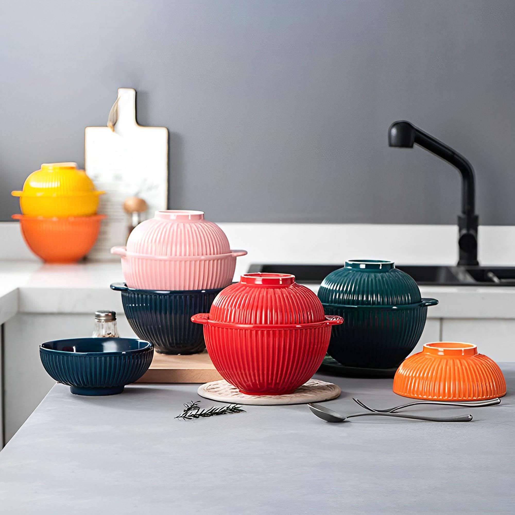Ceramiczna miska na makaron instant, ceramiczne miski zupę z pokrywką, duży kubek uchwytem, ​​małe do ramenu w kuchence mikrofalowej(Orange)