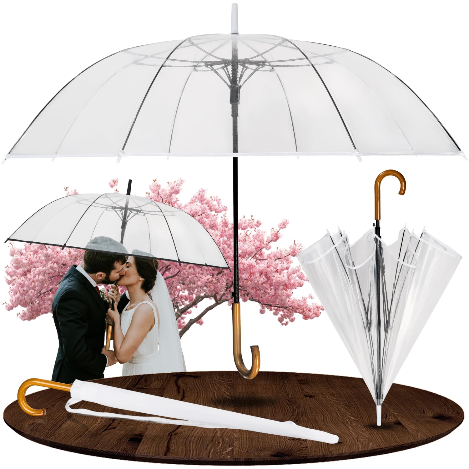 LOGAN & BARNES Ombrello da matrimonio trasparente con manico di alta qualità in vero legno Ø120 cm – Elegante grande ombrello per 2 persone, trasparente XXL – Modello CARDIFF
