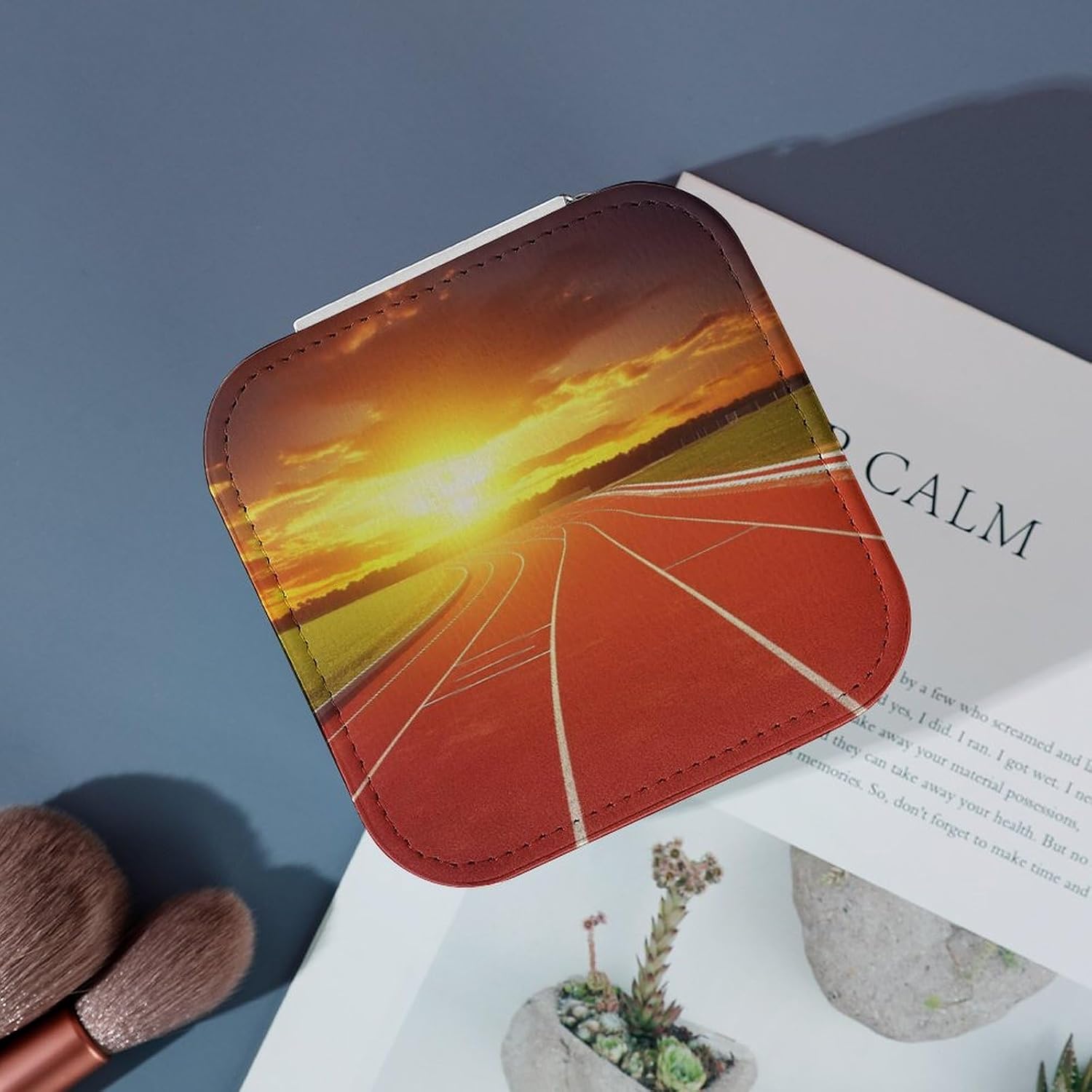PU Leather Storage Box,Running Track Sunset Printed Portable Jewelry Box Mini Travel Storage Box Women's Jewelry Storage Rack for Necklace Earrings Bracelets Rings image 4