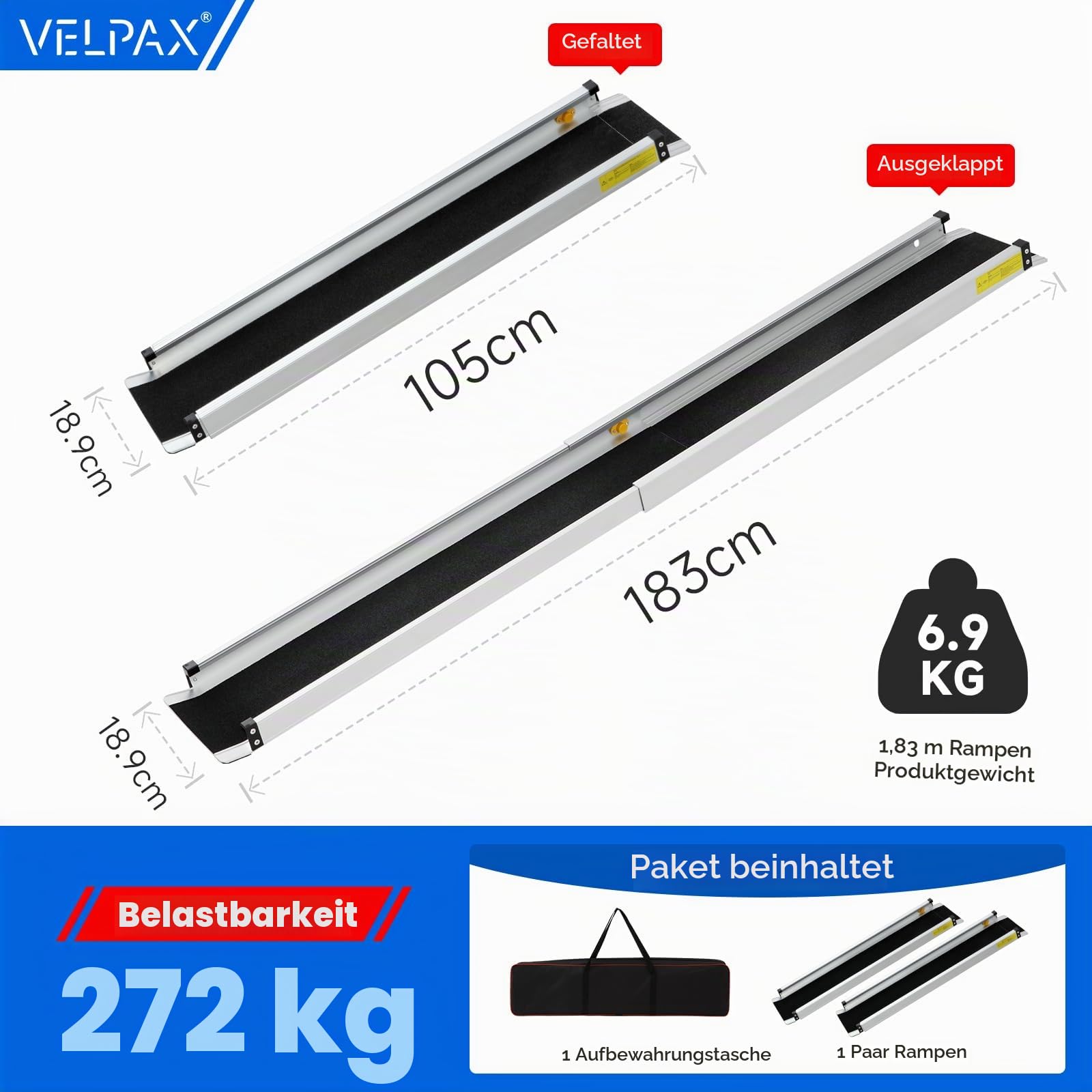 2PCS Teleskop-Rampe 105-183cm, Alu, 272 kg, Rollstuhl, Fahrrad, mit Tasche | Teleskop-Rollstuhlrampe, 105-183cm, 272kg Tragkraft, Alu, rutschfest, mit Tragegriff+Tasche, für Türen/Stufen